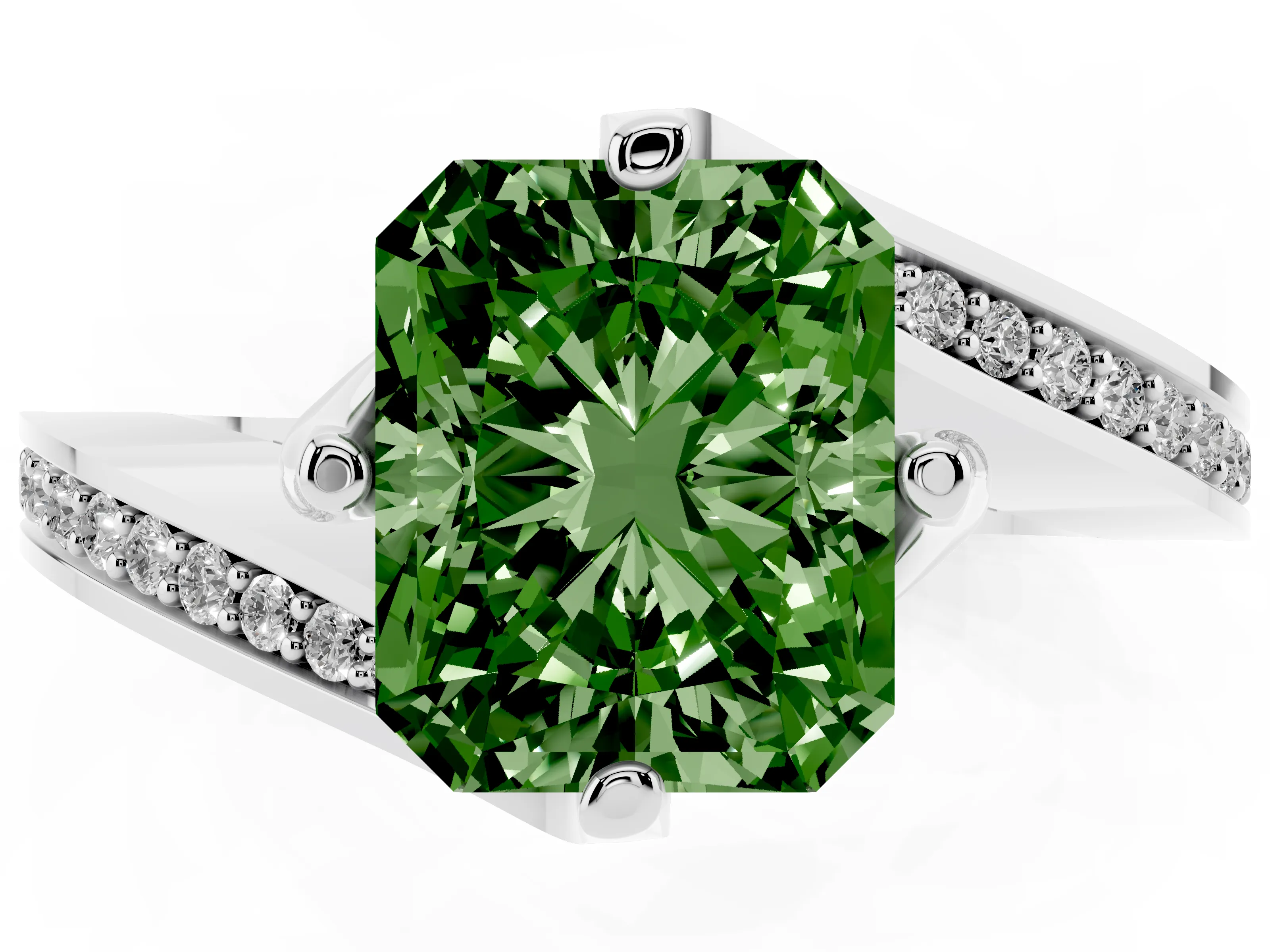 Fancy Green Radiant Cut Diamond Solitaire Ring Set in Platinum with Intertwined Pavé Twist Band
