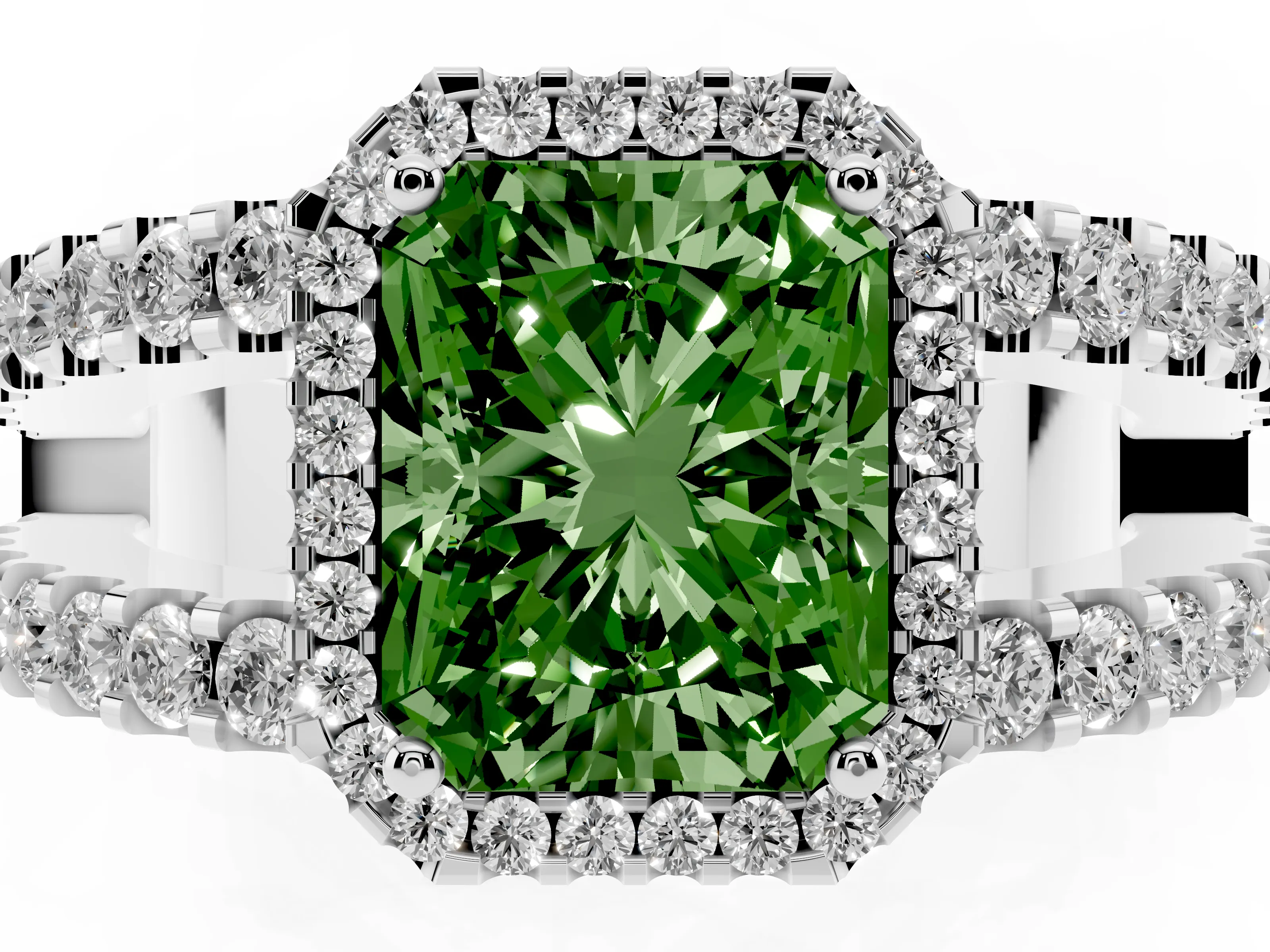 Fancy Green Radiant Cut Diamond Halo Ring Set in Platinum with Pavé Split Shank and Prong Setting