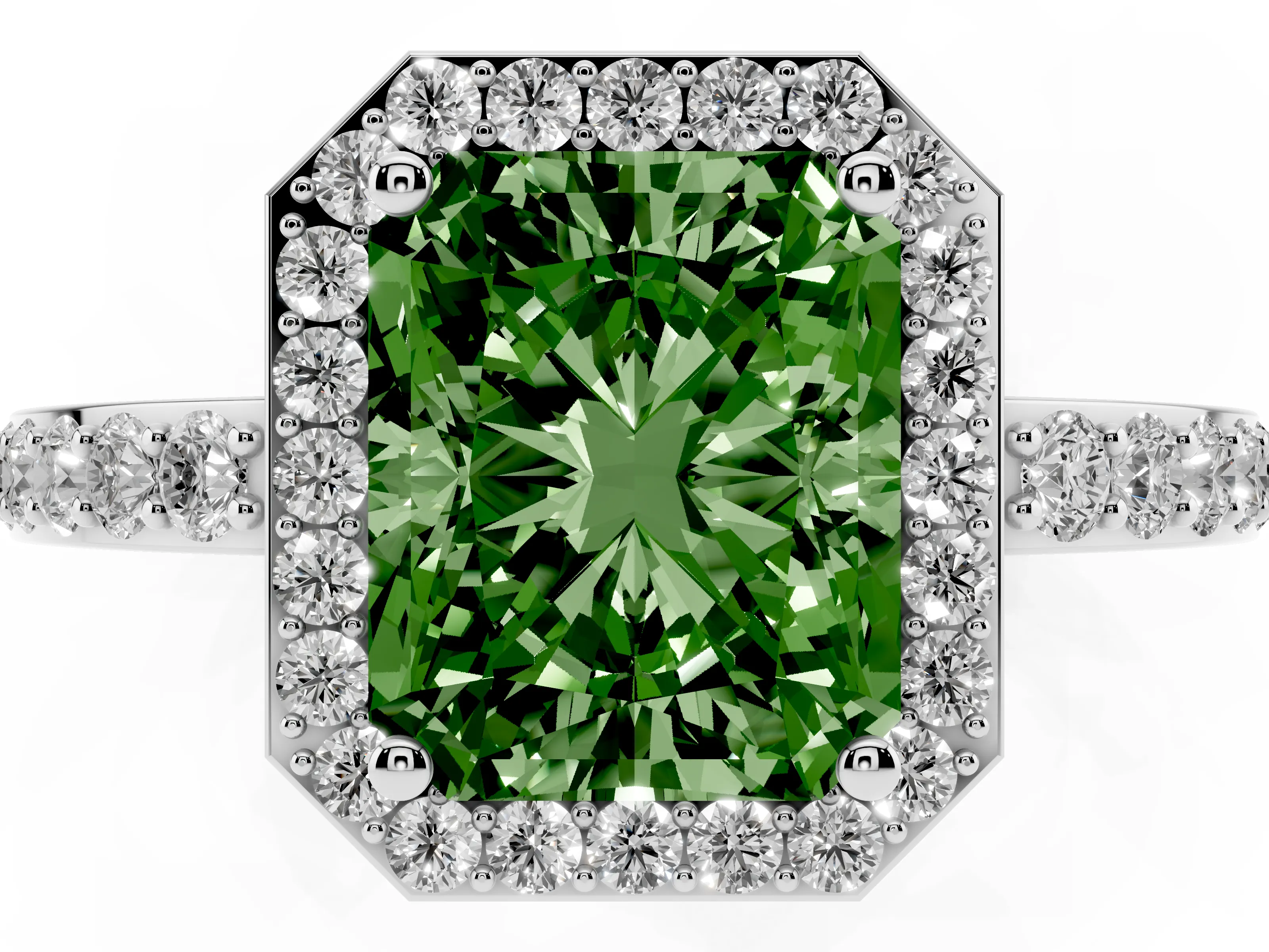 Fancy Green Radiant Cut Diamond Halo Ring Set in Silver with Pavé-Setting Band and Open Prong Center
