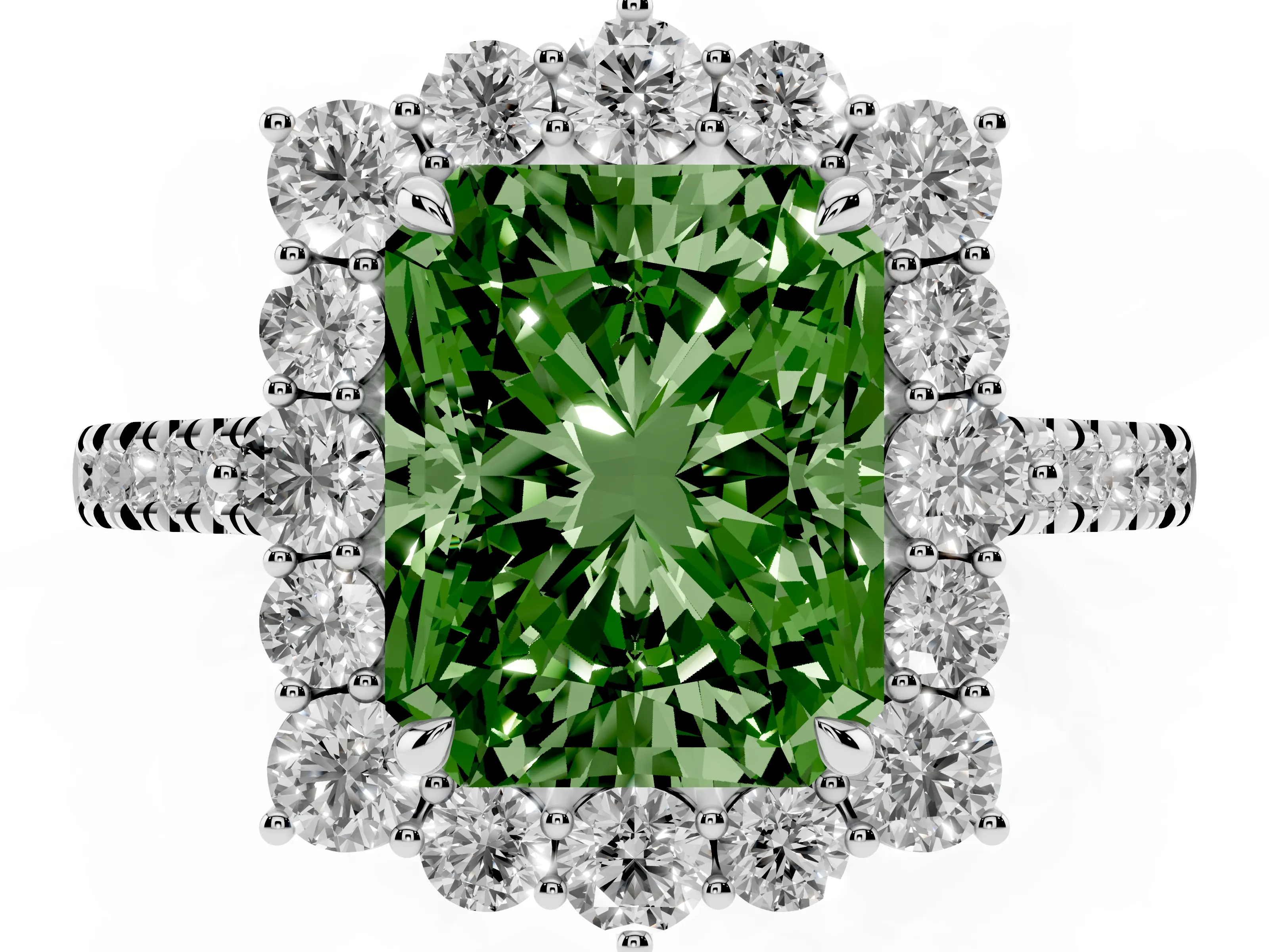 Fancy Green Radiant Cut Diamond Halo Ring Set in Silver with Pavé Band and Prong Setting