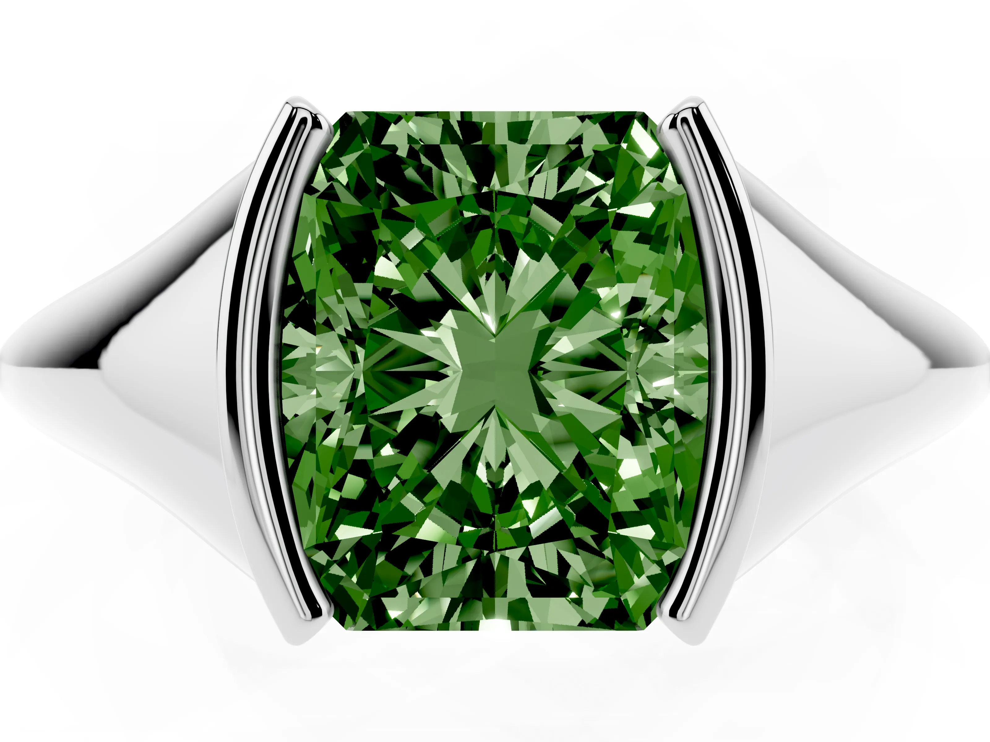Fancy Green Radiant Cut Diamond Solitaire Tension Set Ring Set in Silver