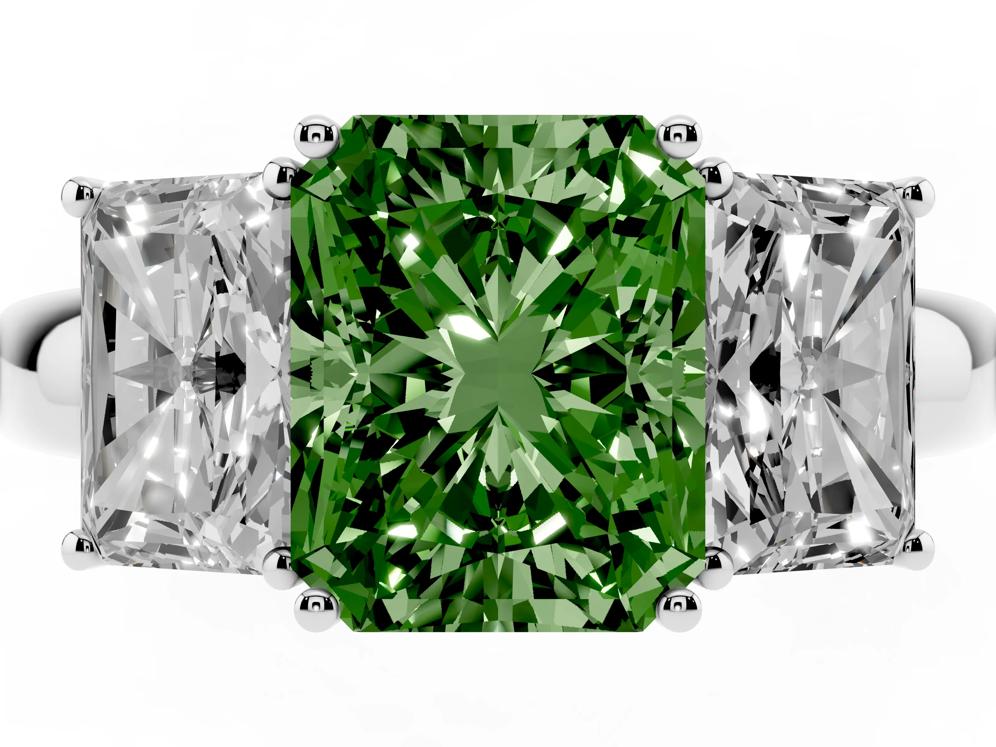 Fancy Green Radiant Cut Diamond Three-Stone Ring Set in Silver with Bold Center and Classic Band
