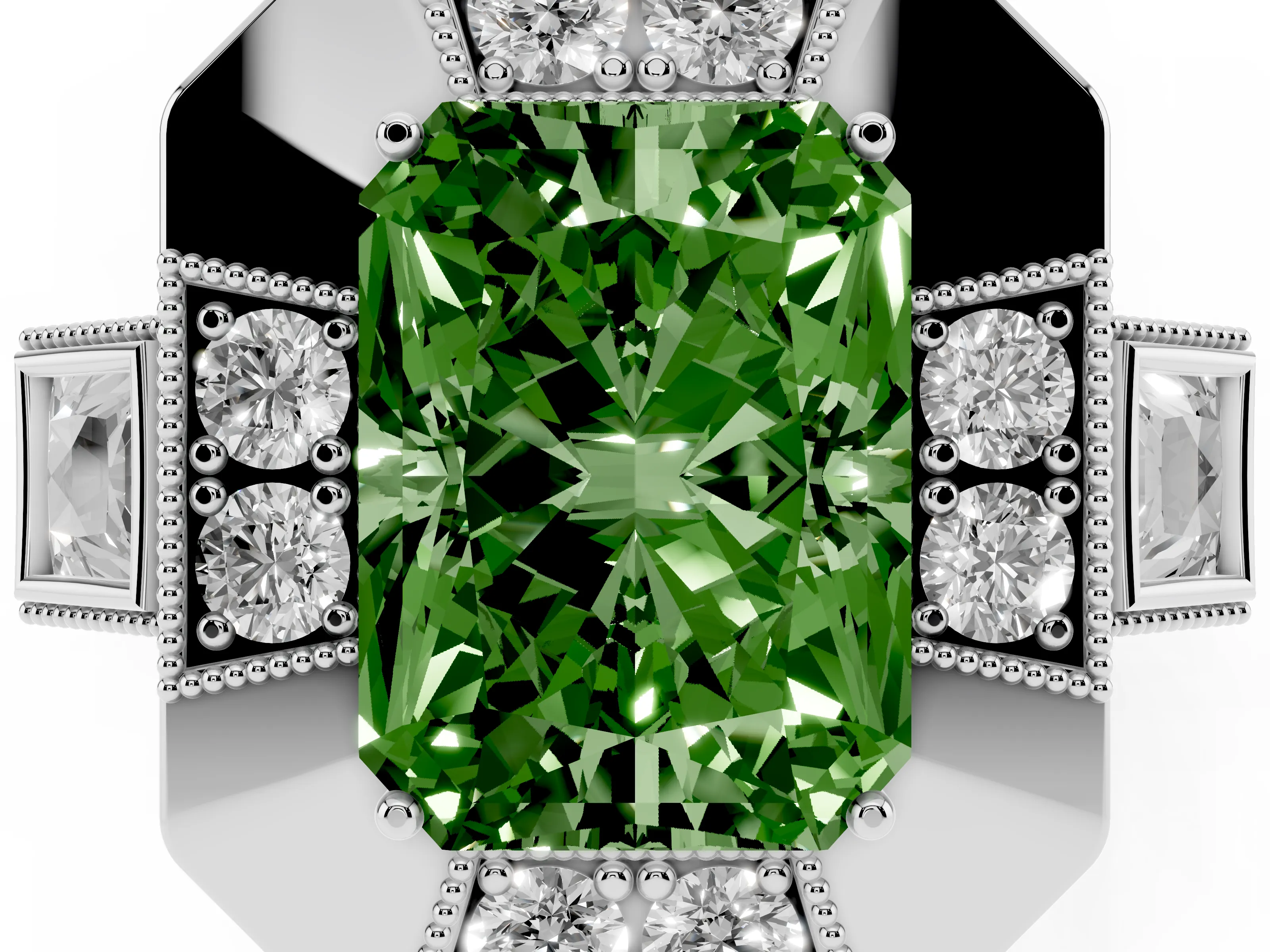 Fancy Green Radiant Cut Diamond Milgrain Halo Ring Set in Silver with Split Shank