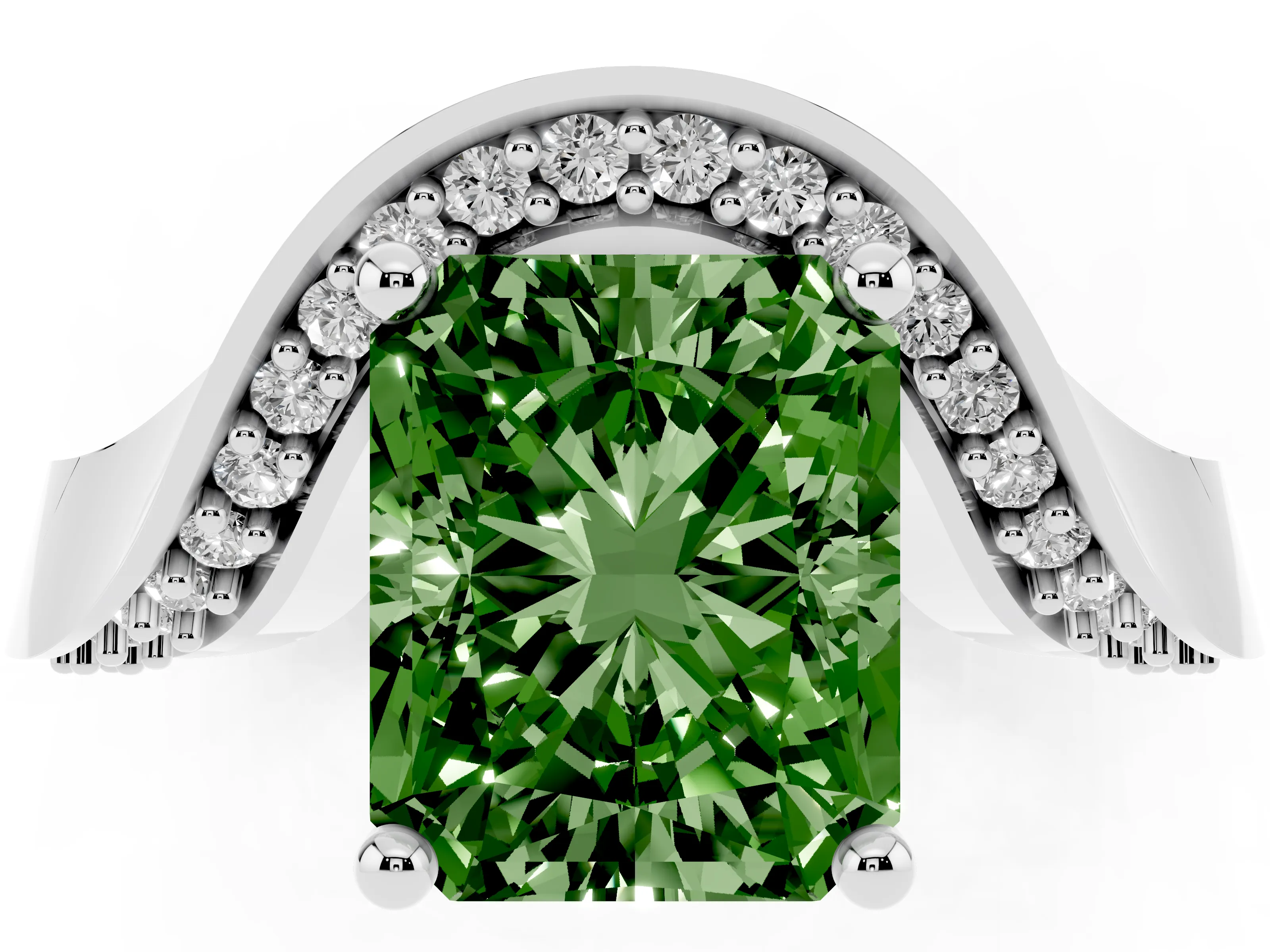 Fancy Green Radiant Cut Diamond Solitaire Engagement Ring Set in Platinum with Pavé Shoulders