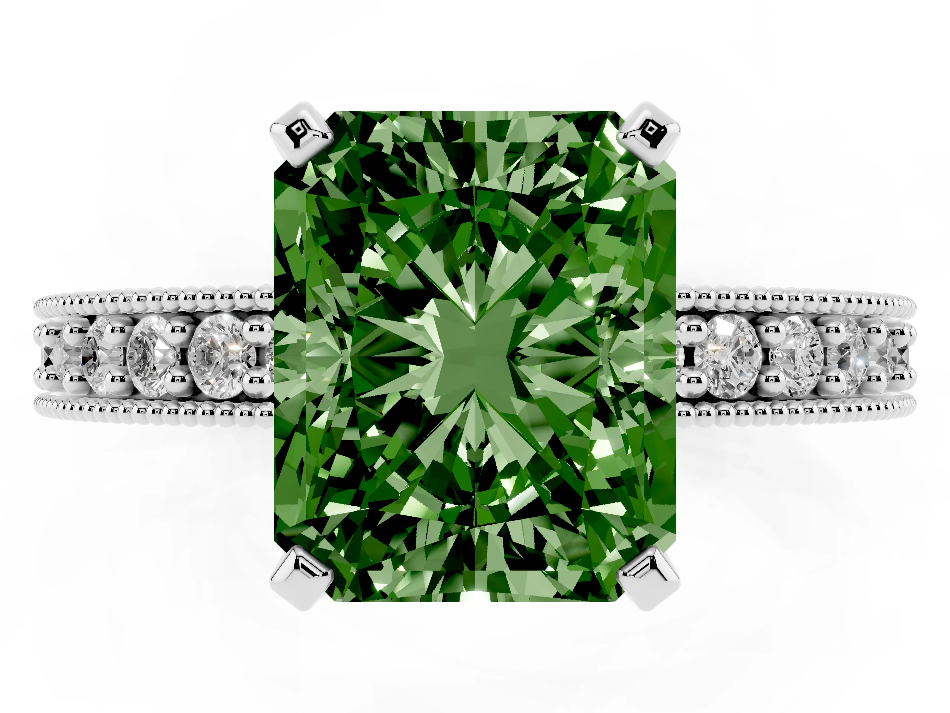 Fancy Green Radiant Cut Diamond Milgrain Pavé Engagement Ring Set in White gold with Prong Setting