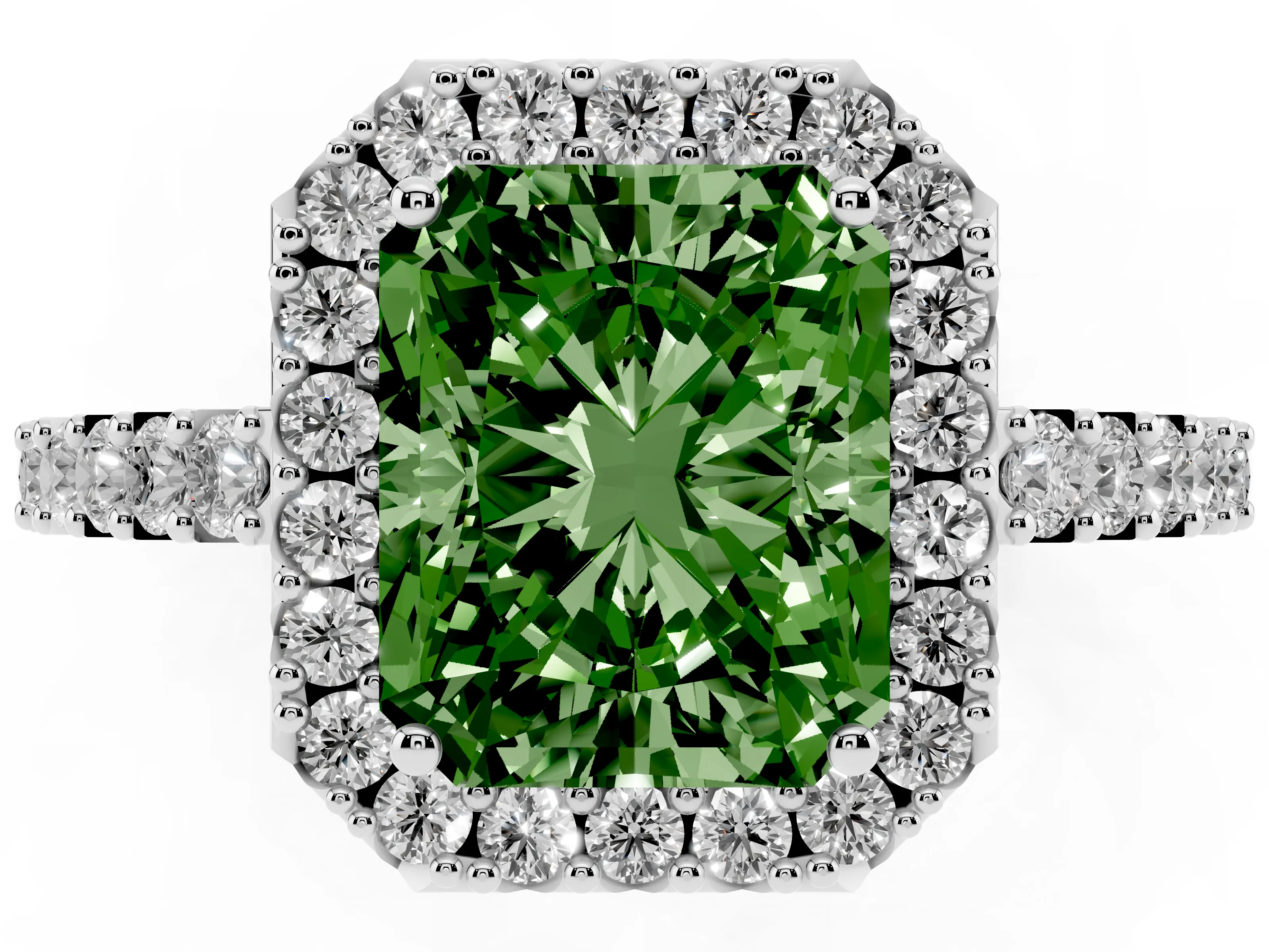 Fancy Green Radiant Cut Diamond Halo Pavé Solitaire Ring Set in Platinum with Prong-Set Center Stone
