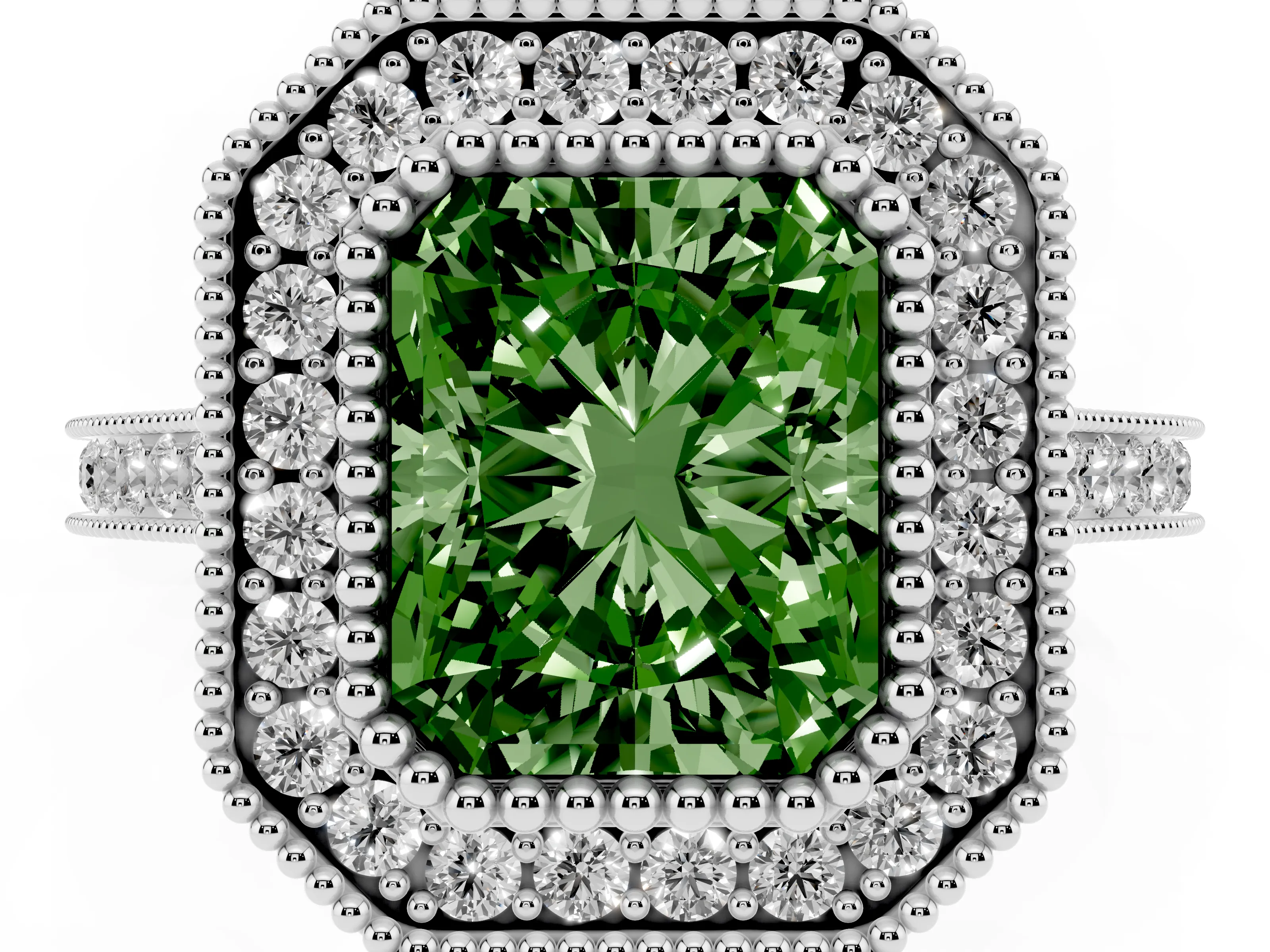 Fancy Green Radiant Cut Diamond Halo Ring Set in White gold with Milgrain Frame and Pavé Band