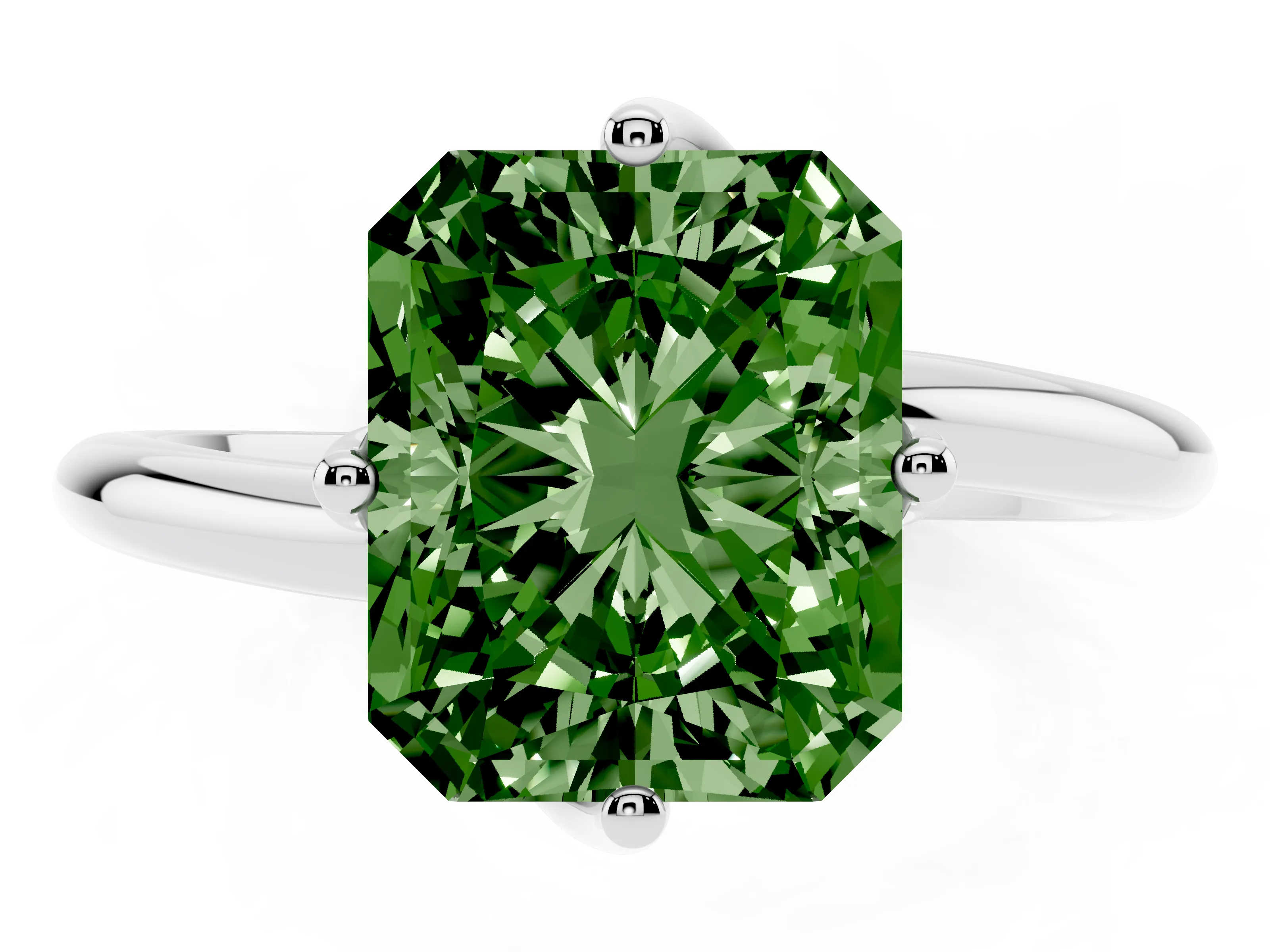 Fancy Green Radiant Cut Diamond Solitaire Engagement Ring Set in Platinum with Classic Plain Band