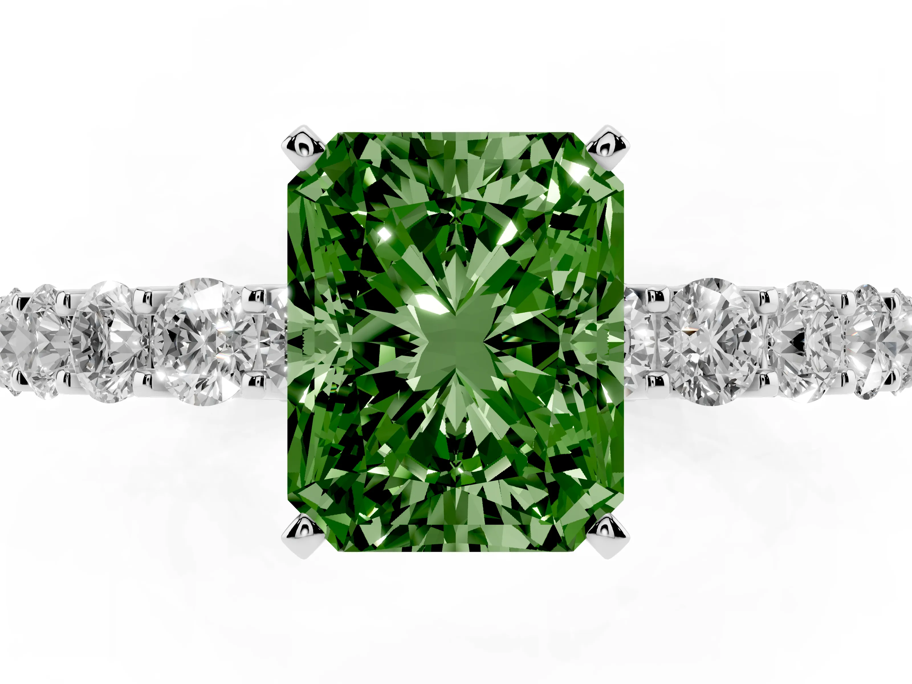 Fancy Green Radiant Cut Diamond Solitaire Ring Set in Silver with Shared Prong Pavé Band
