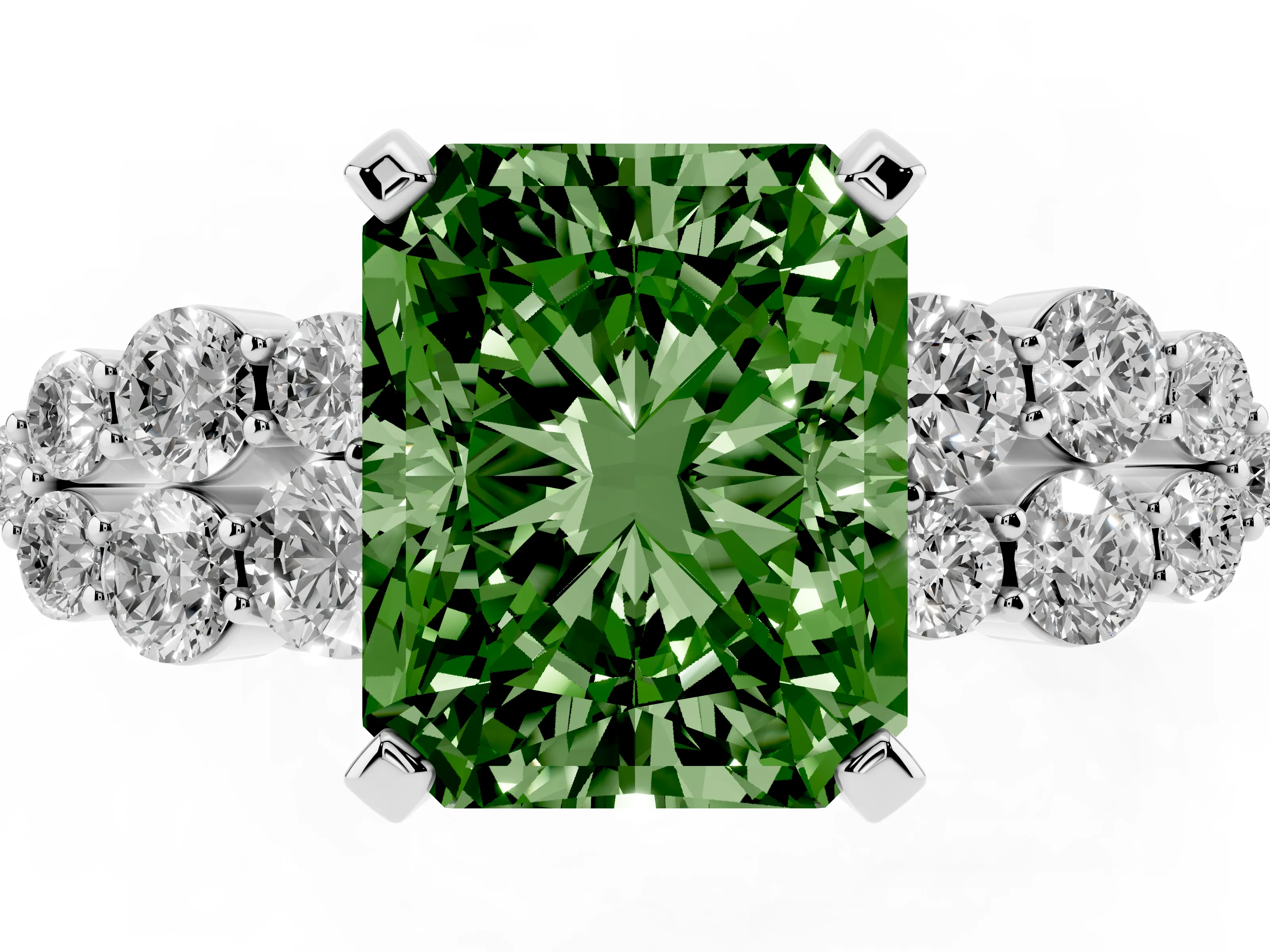 Fancy Green Radiant Cut Diamond Cluster Engagement Ring Set in Platinum with Pavé Band and Prong Setting