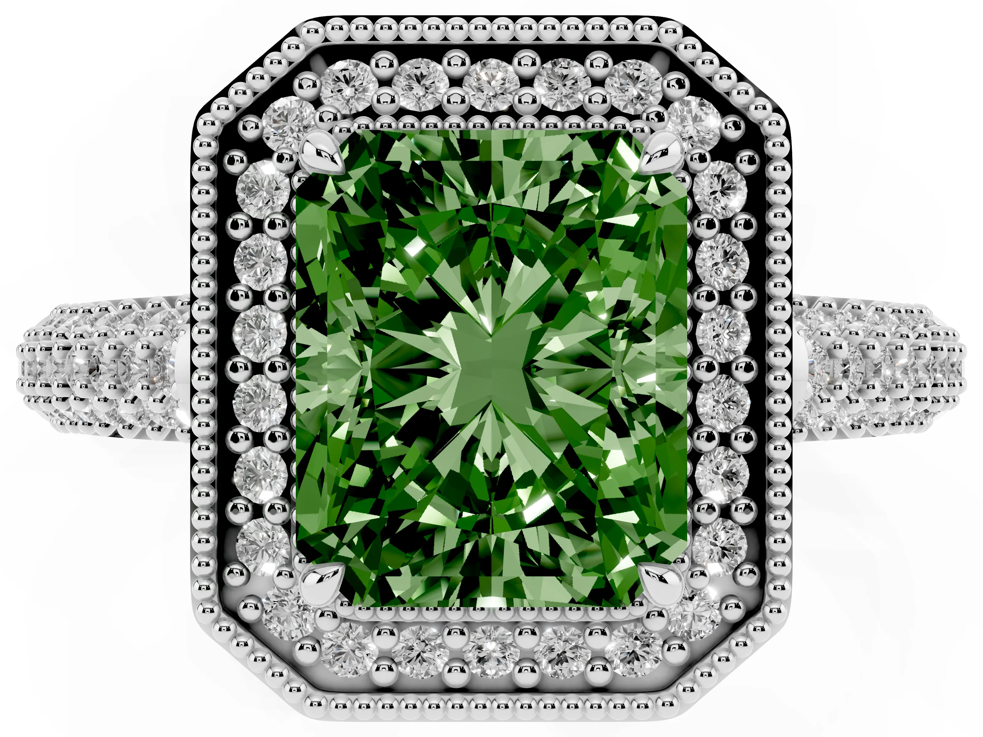 Fancy Green Radiant Cut Diamond Halo Pavé Band Set in White gold with Prong Setting