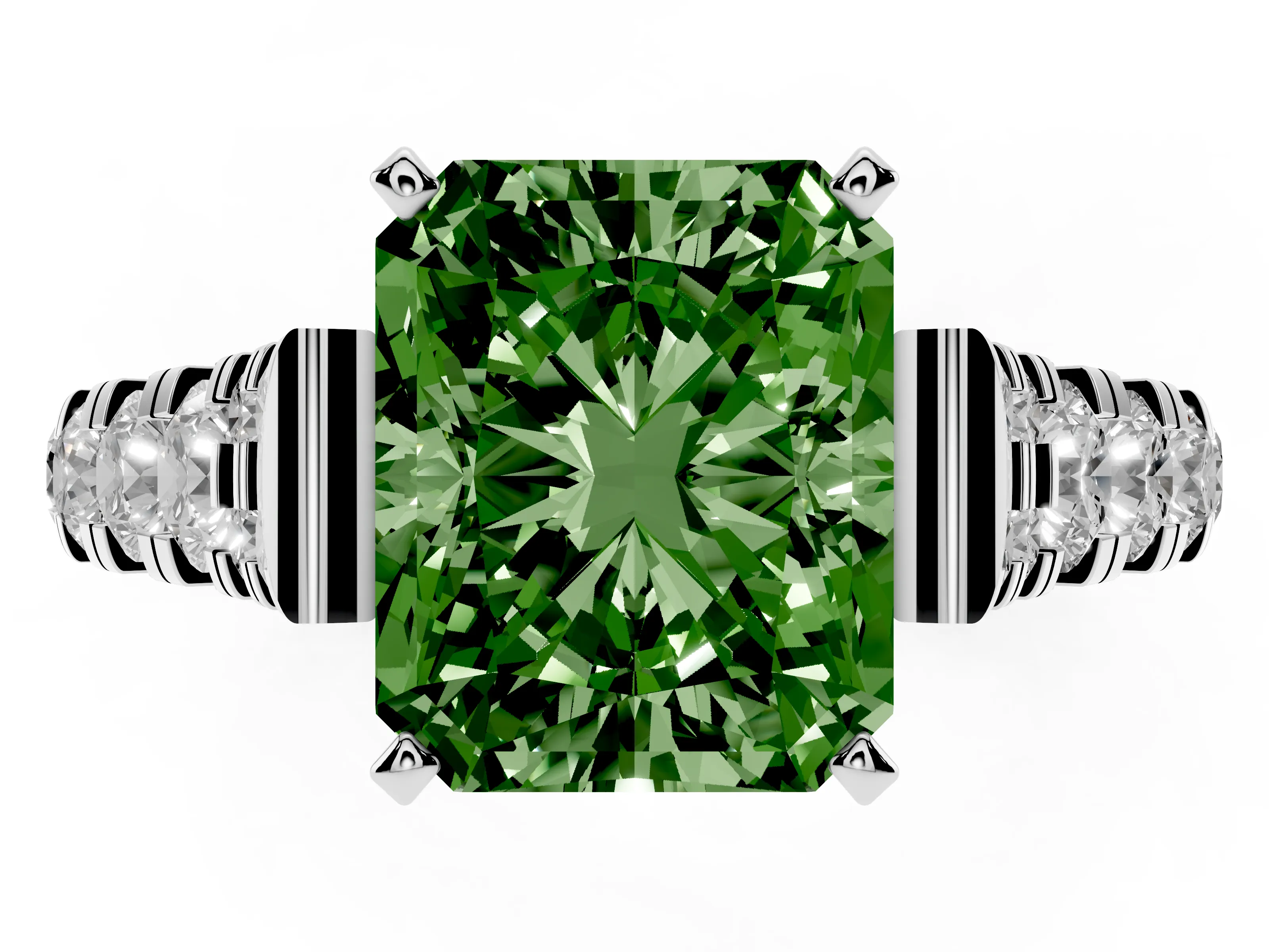 Fancy Green Radiant Cut Diamond Classic Solitaire Ring Set in White gold with Pavé Band and Prong Setting