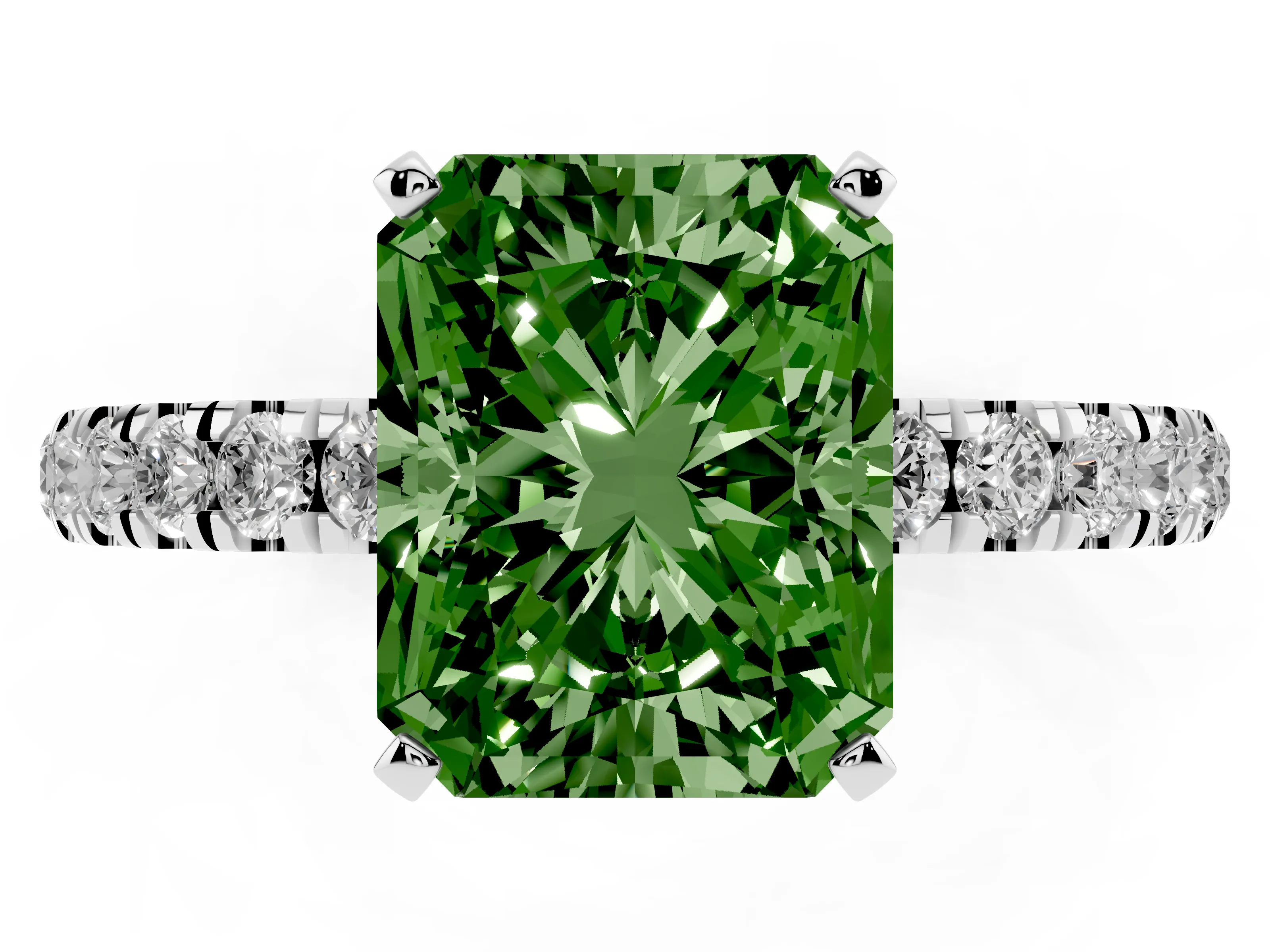 Fancy Green Radiant Cut Diamond Solitaire Ring Set in Silver with Pavé Accents and Prong Setting