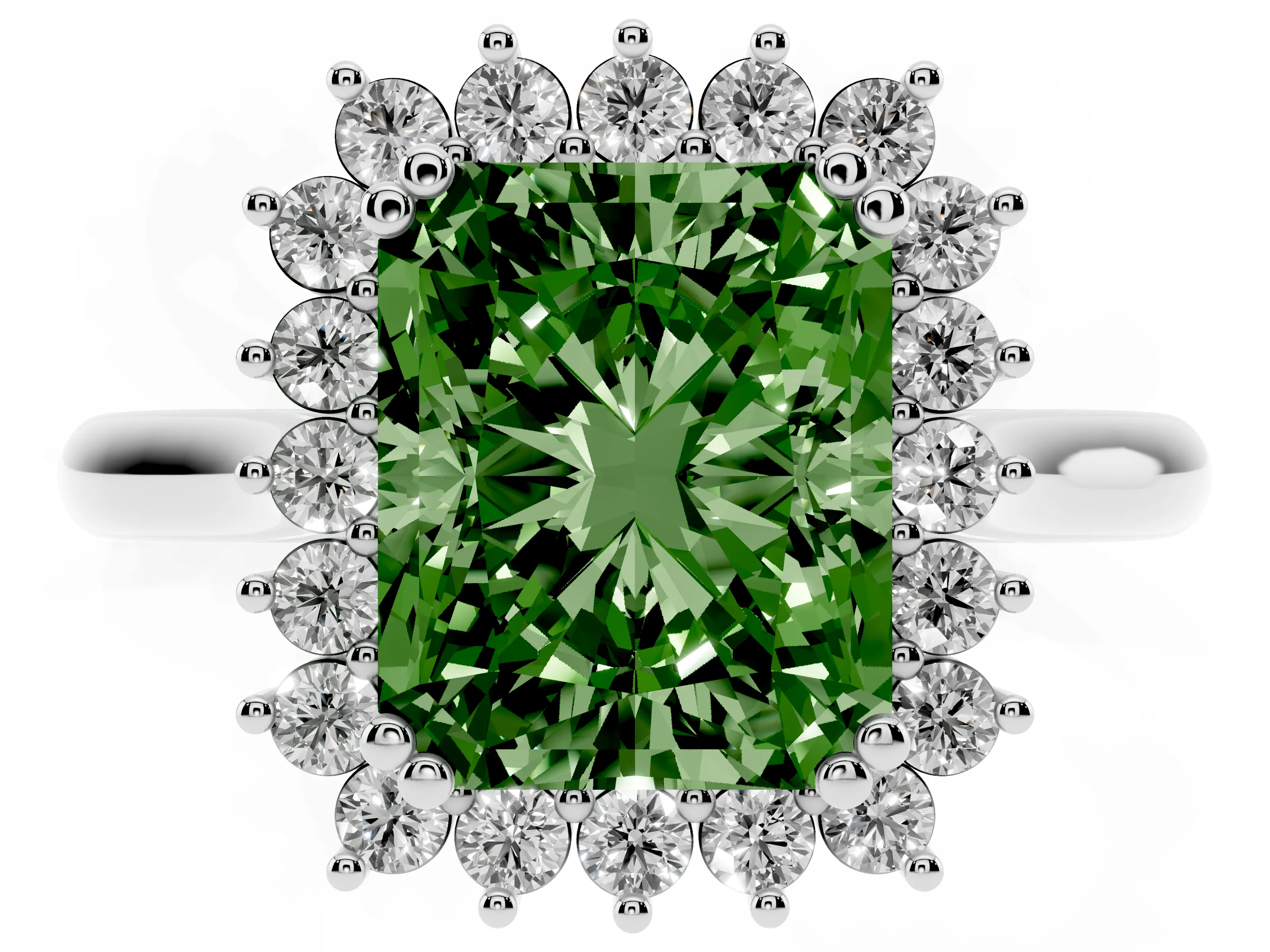 Fancy Green Radiant Cut Diamond Halo Ring Set in Silver with Plain Solitaire Band and Prong Setting
