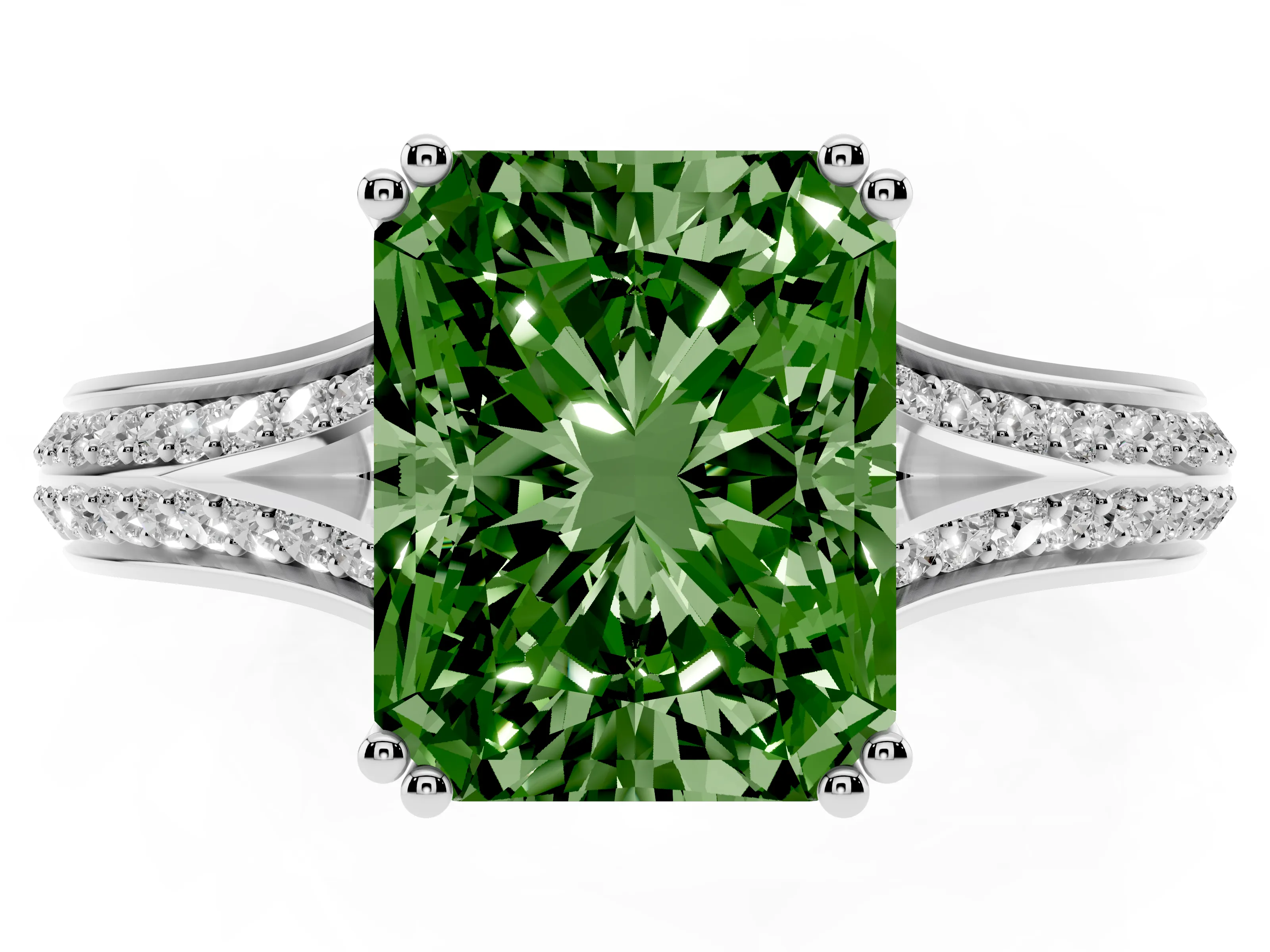 Fancy Green Radiant Cut Diamond Split Shank Pavé Engagement Ring Set in Platinum with Prong-Set Center Stone