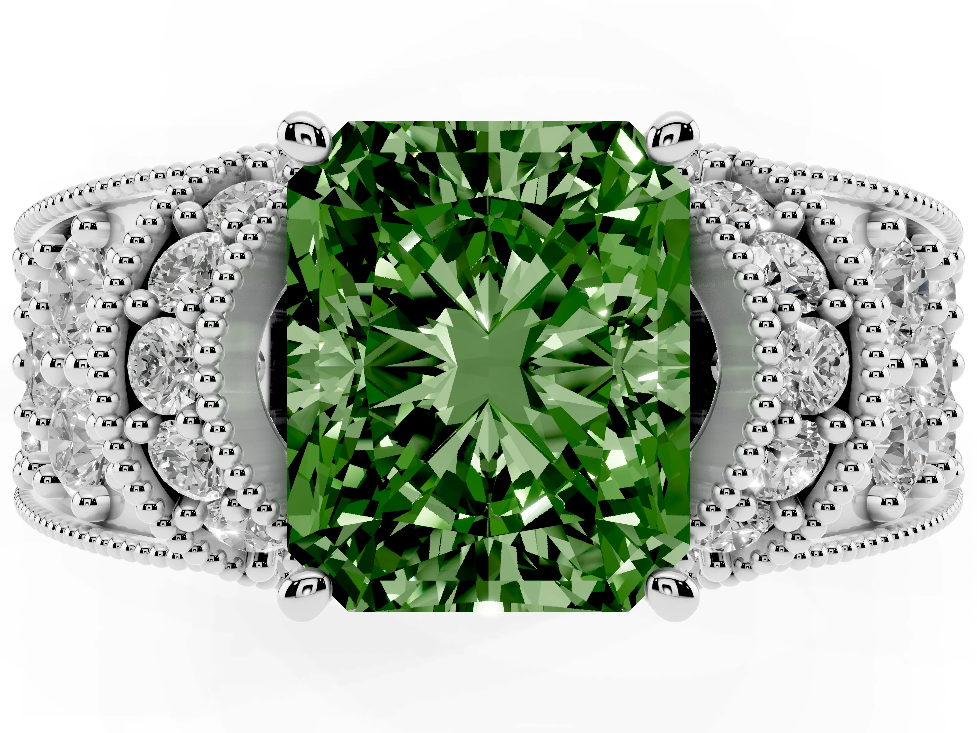 Fancy Green Radiant Cut Diamond Milgrain Halo Pavé Engagement Ring Set in White gold with Prong Setting