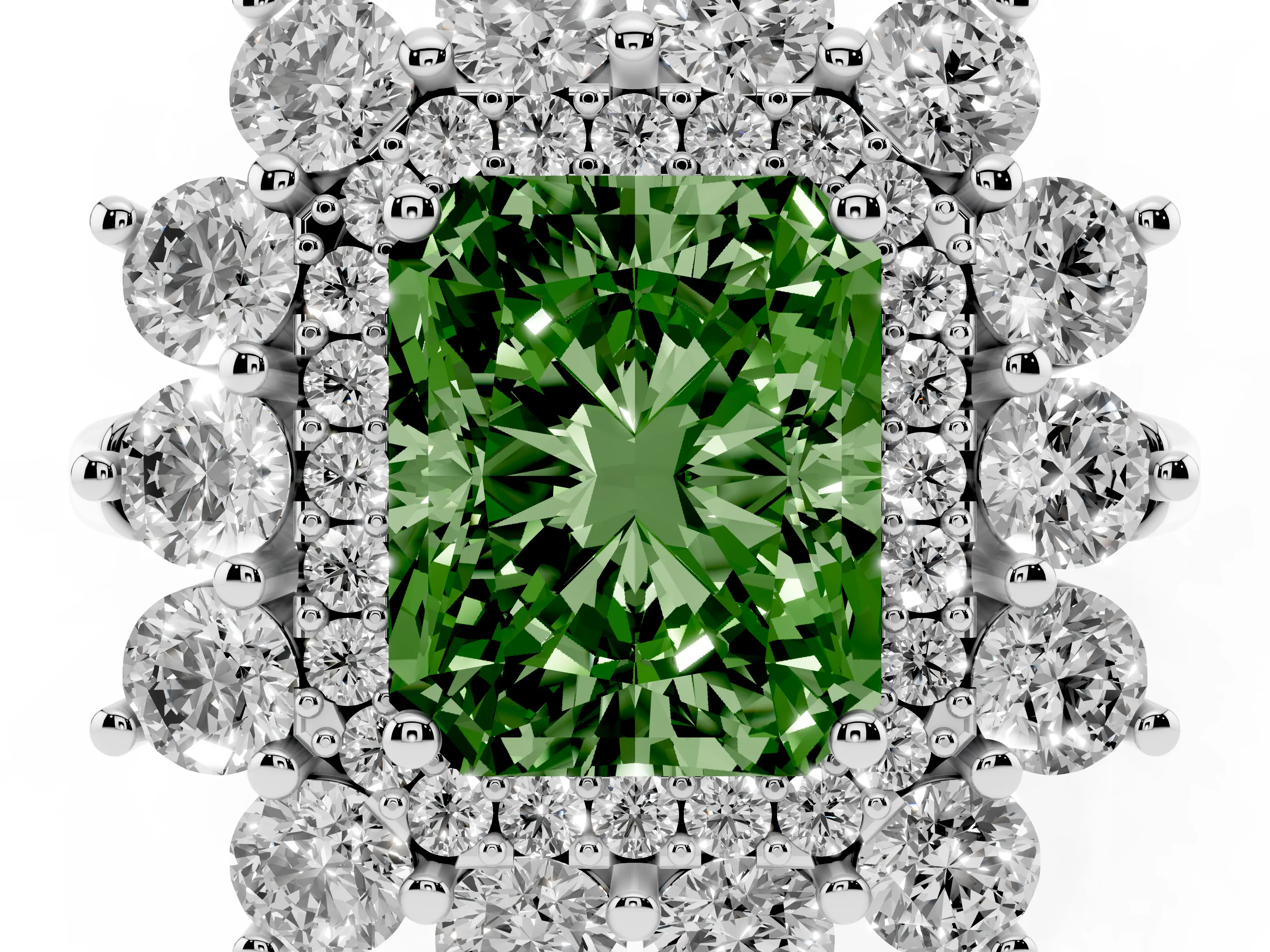 Fancy Green Radiant Cut Diamond Floral Double Halo Ring Set in Silver with Round Petals