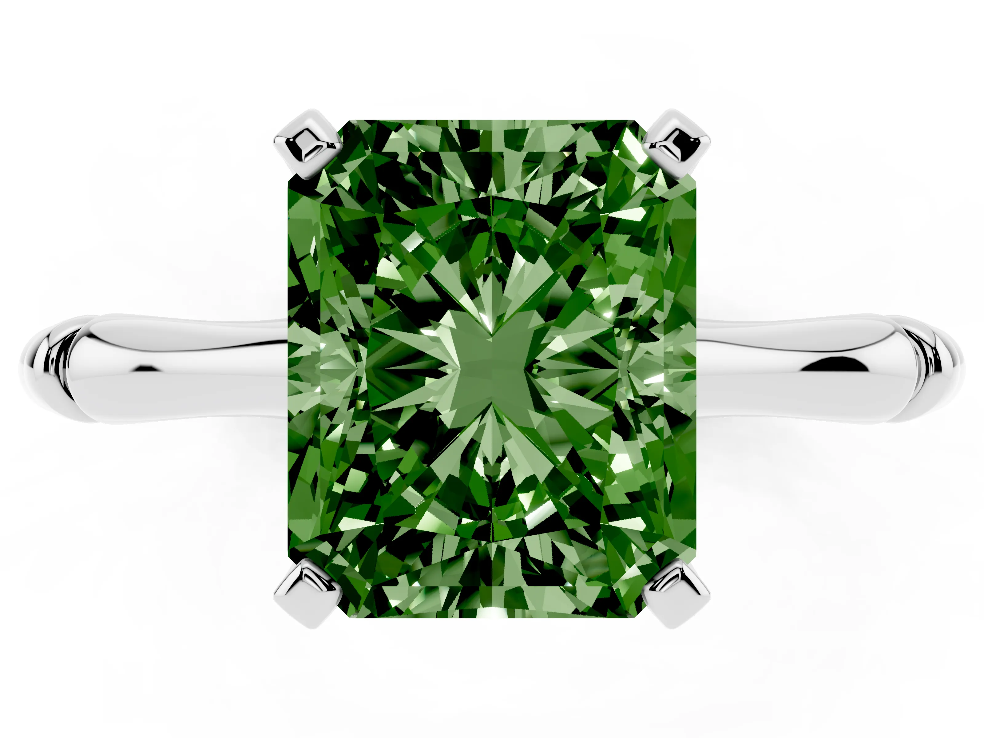Fancy Green Radiant Cut Diamond Solitaire Ring Set in Silver with Bamboo Band and Prong Setting