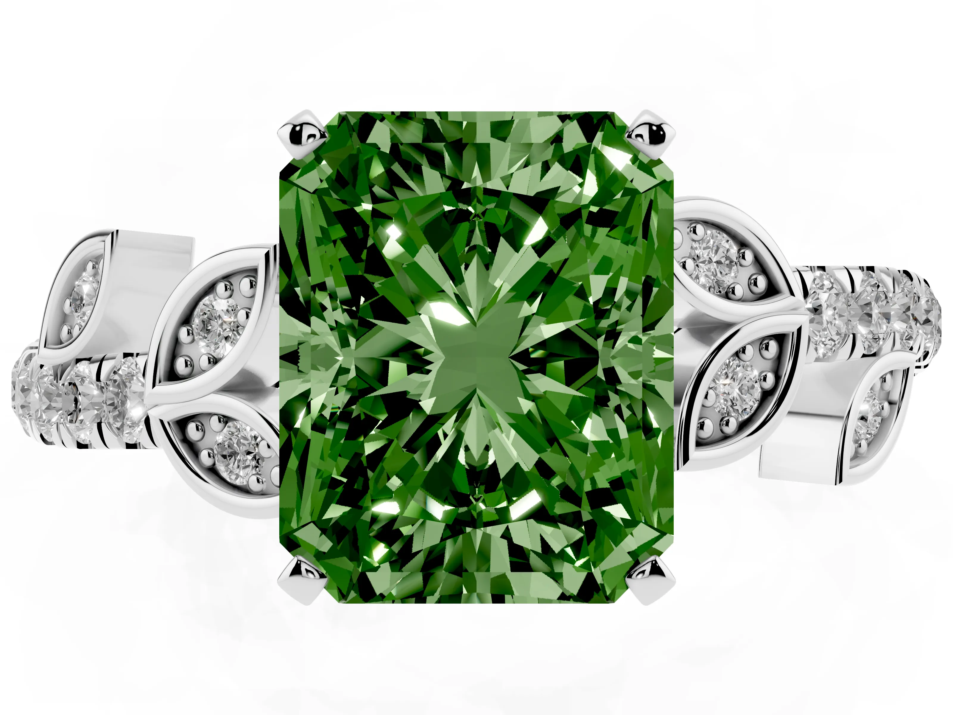 Fancy Green Radiant Cut Diamond Solitaire Leaf-Inspired Ring Set in Platinum with Pavé Band and Prong Setting