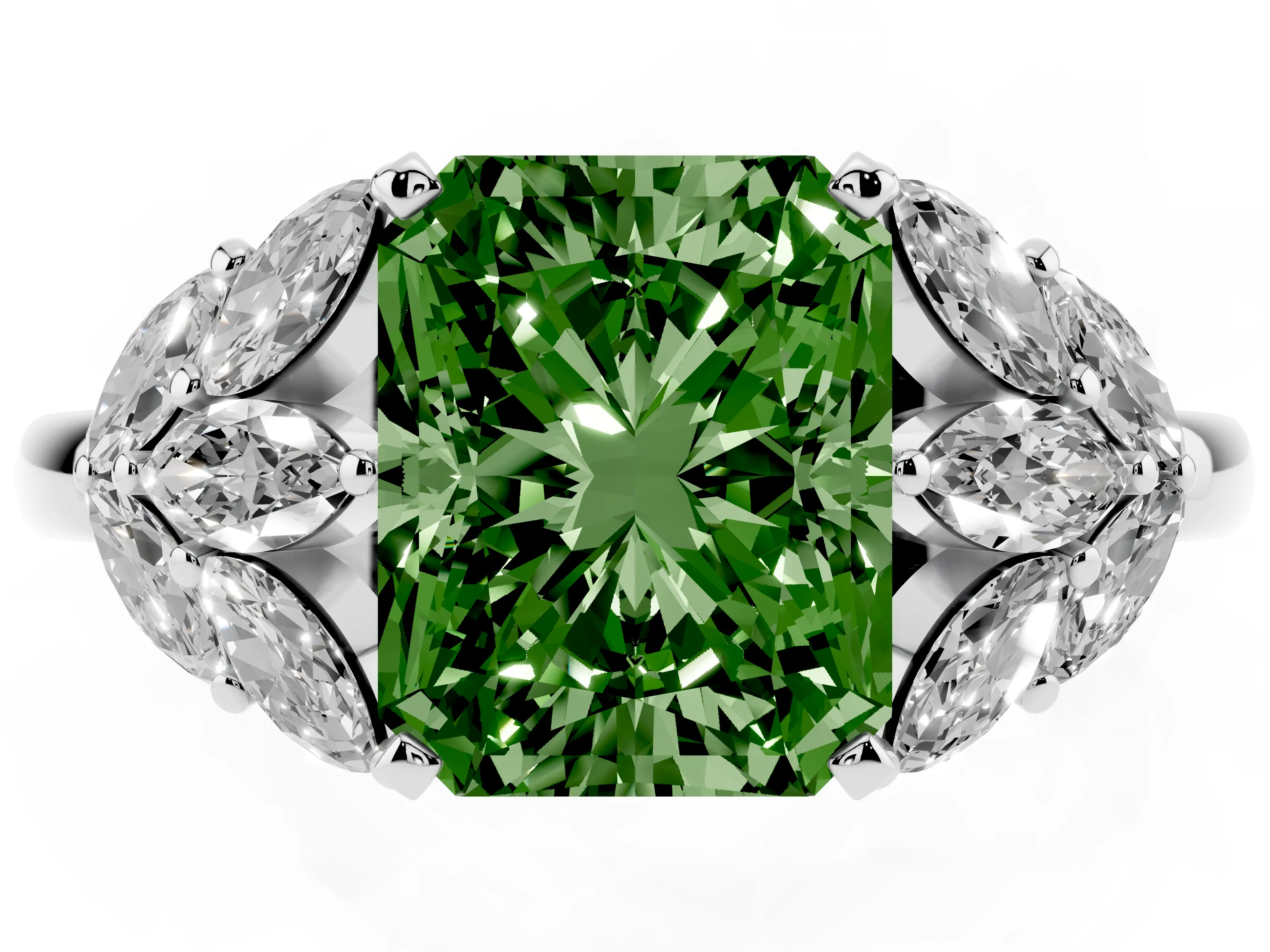 Fancy Green Radiant Cut Diamond Cluster Leaf Design Ring Set in White gold with Prong Setting