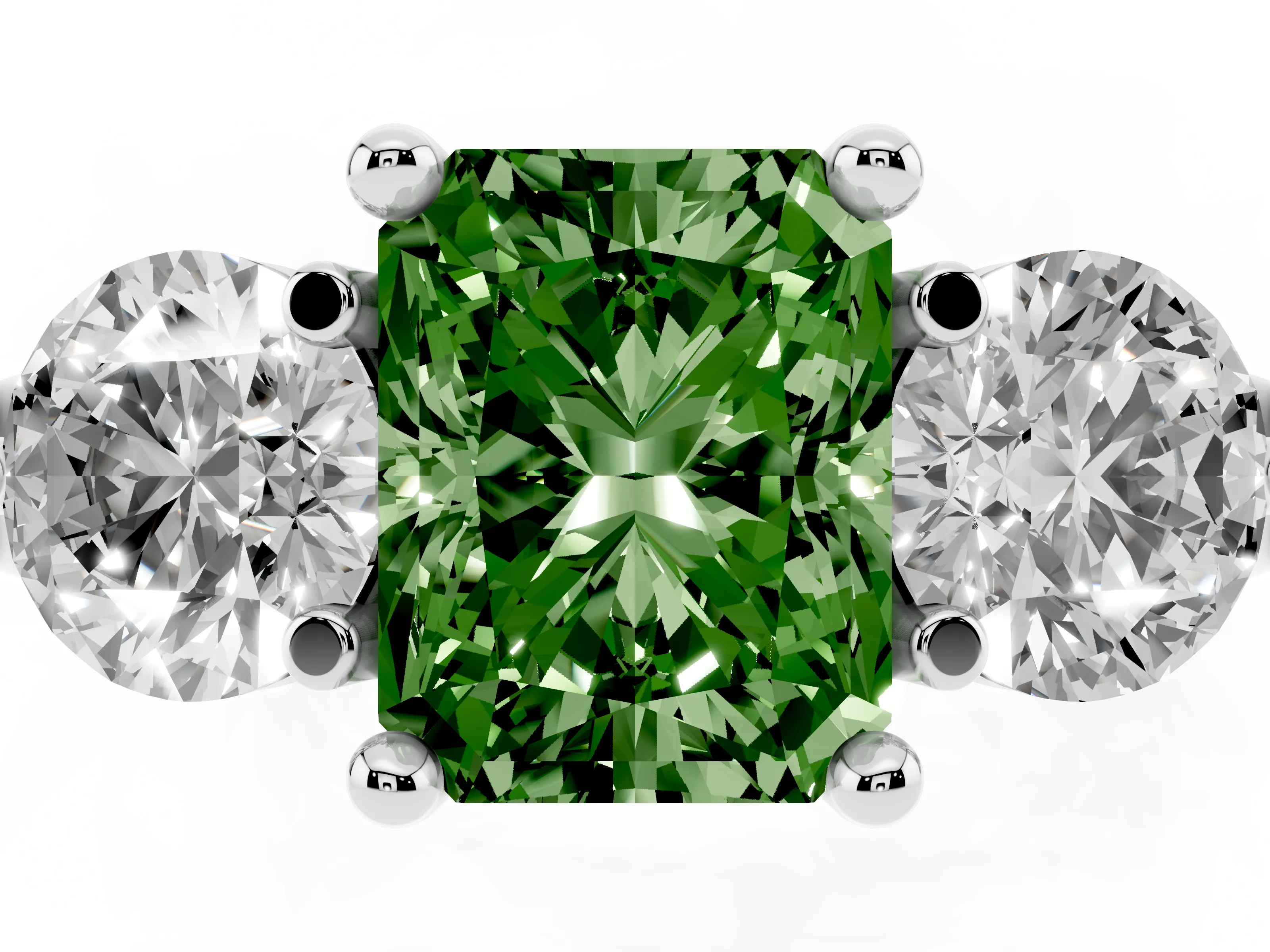 Fancy Green Radiant Cut Diamond Three-Stone Ring Set in Platinum with Prong Setting and Classic Band
