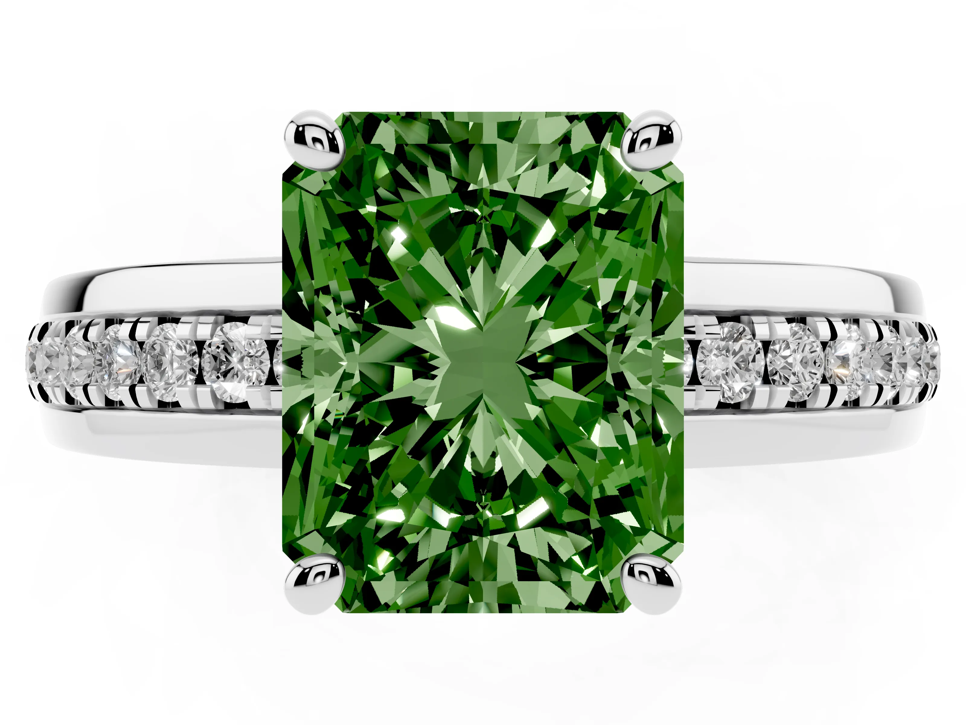 Fancy Green Radiant Cut Diamond Solitaire Ring Set in White gold with Channel Set Band and Prong Setting