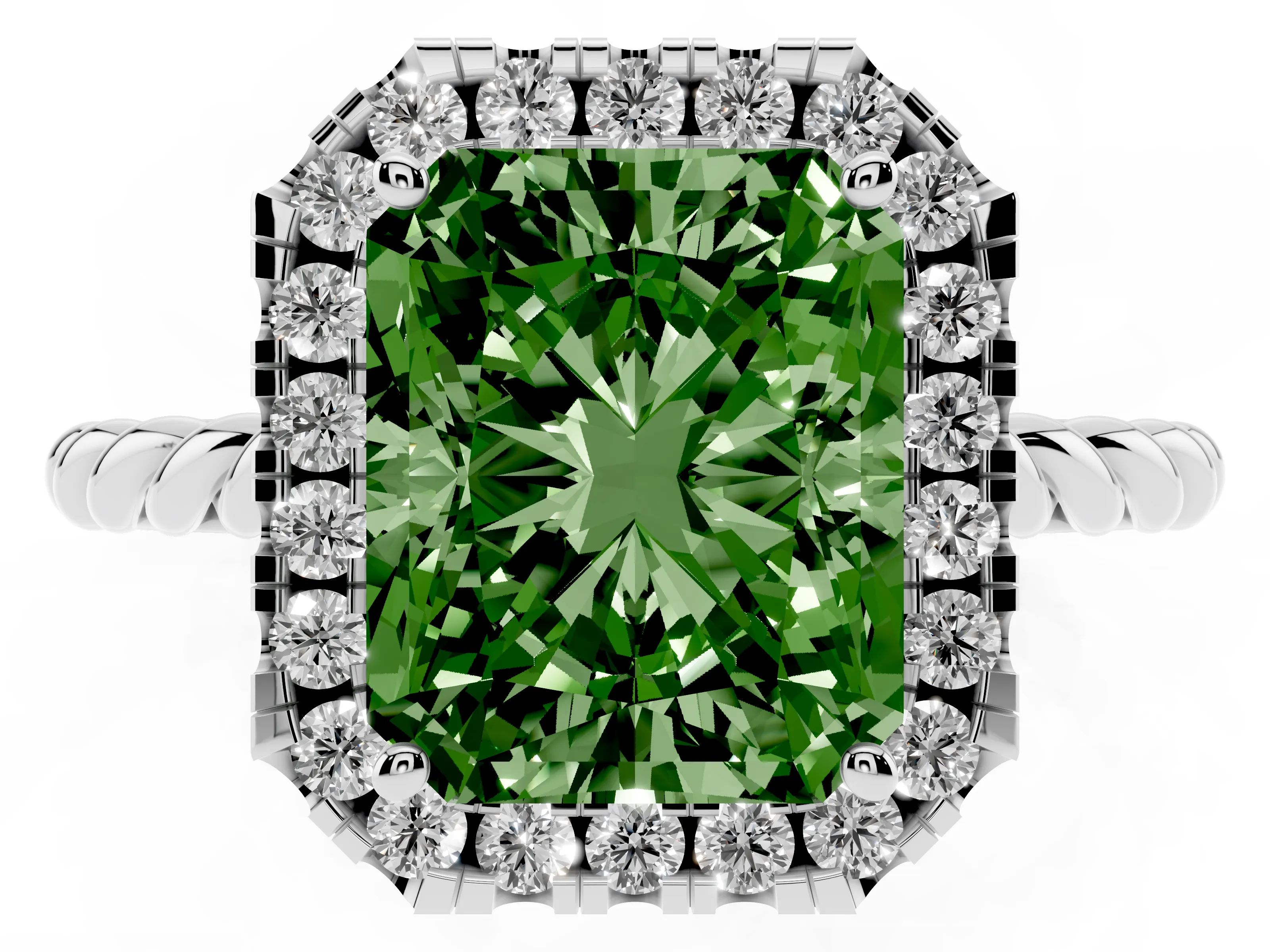 Fancy Green Radiant Cut Diamond Halo Ring Set in Platinum with Plain Twisted Band