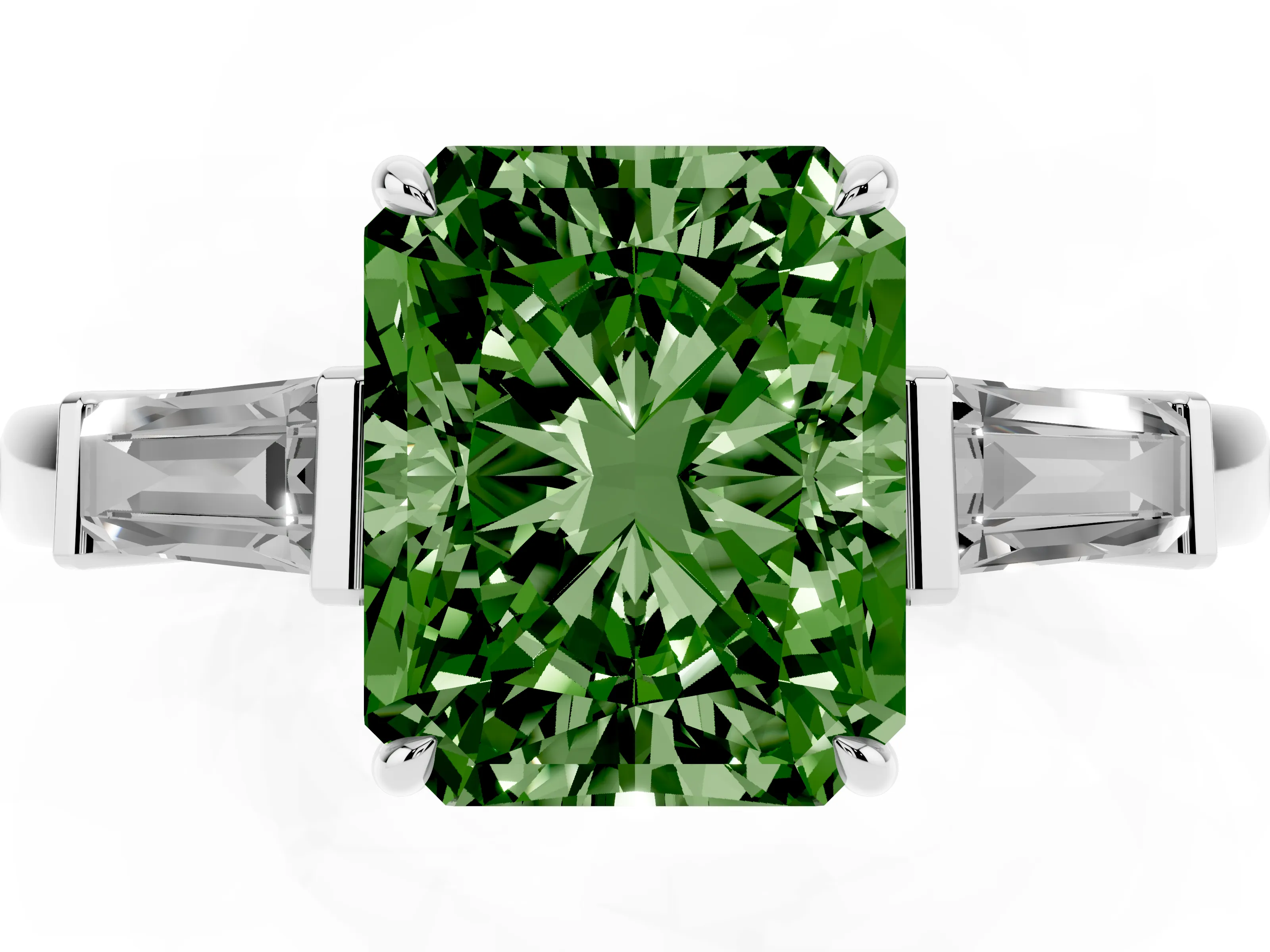Fancy Green Radiant Cut Diamond Three-Stone Ring Set in Platinum with Tapered Baguette Side Stones and Prong Setting