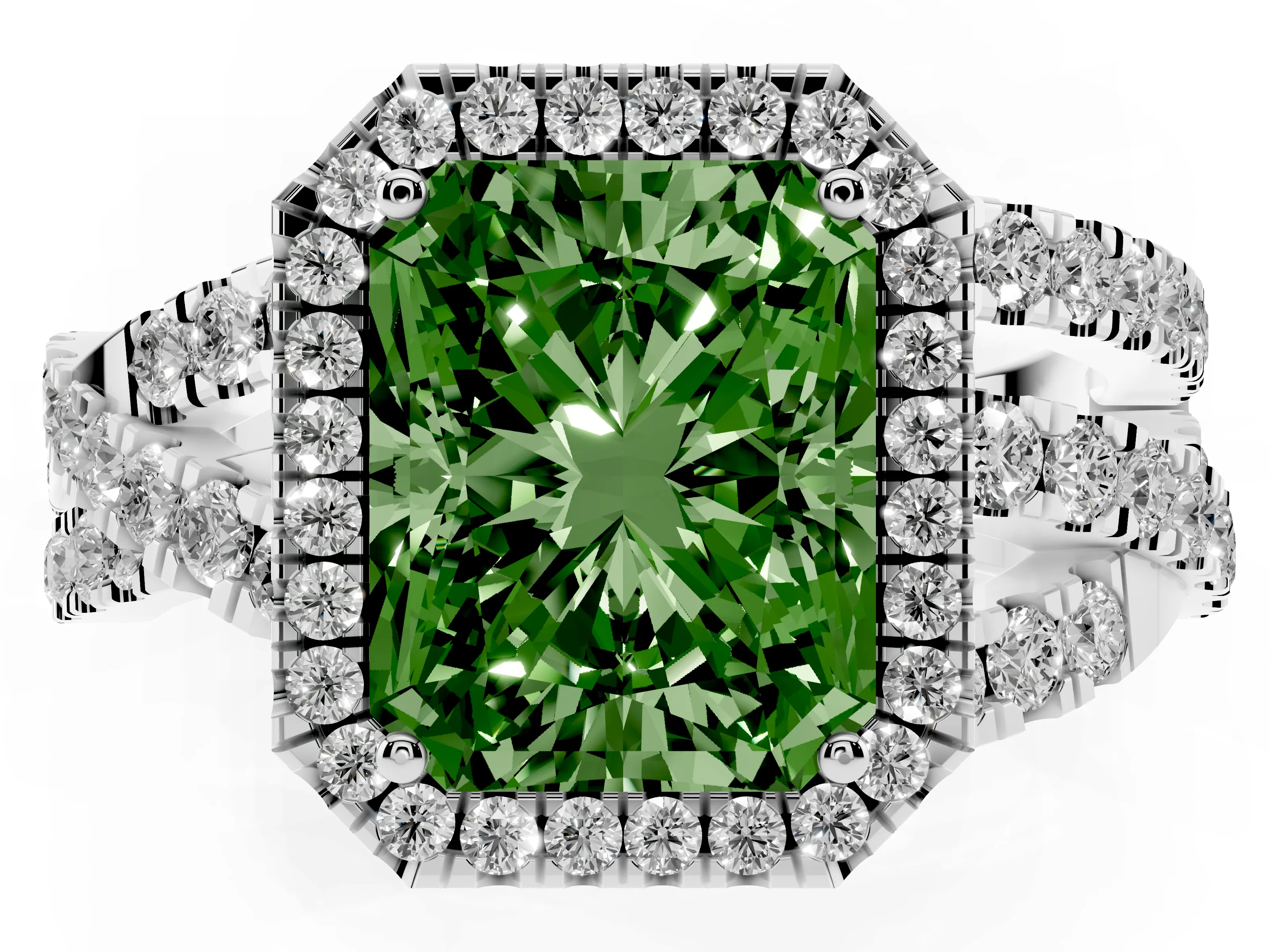 Fancy Green Radiant Cut Diamond Halo Ring Set in Platinum with Round Crossover Split Shank and Prong Setting