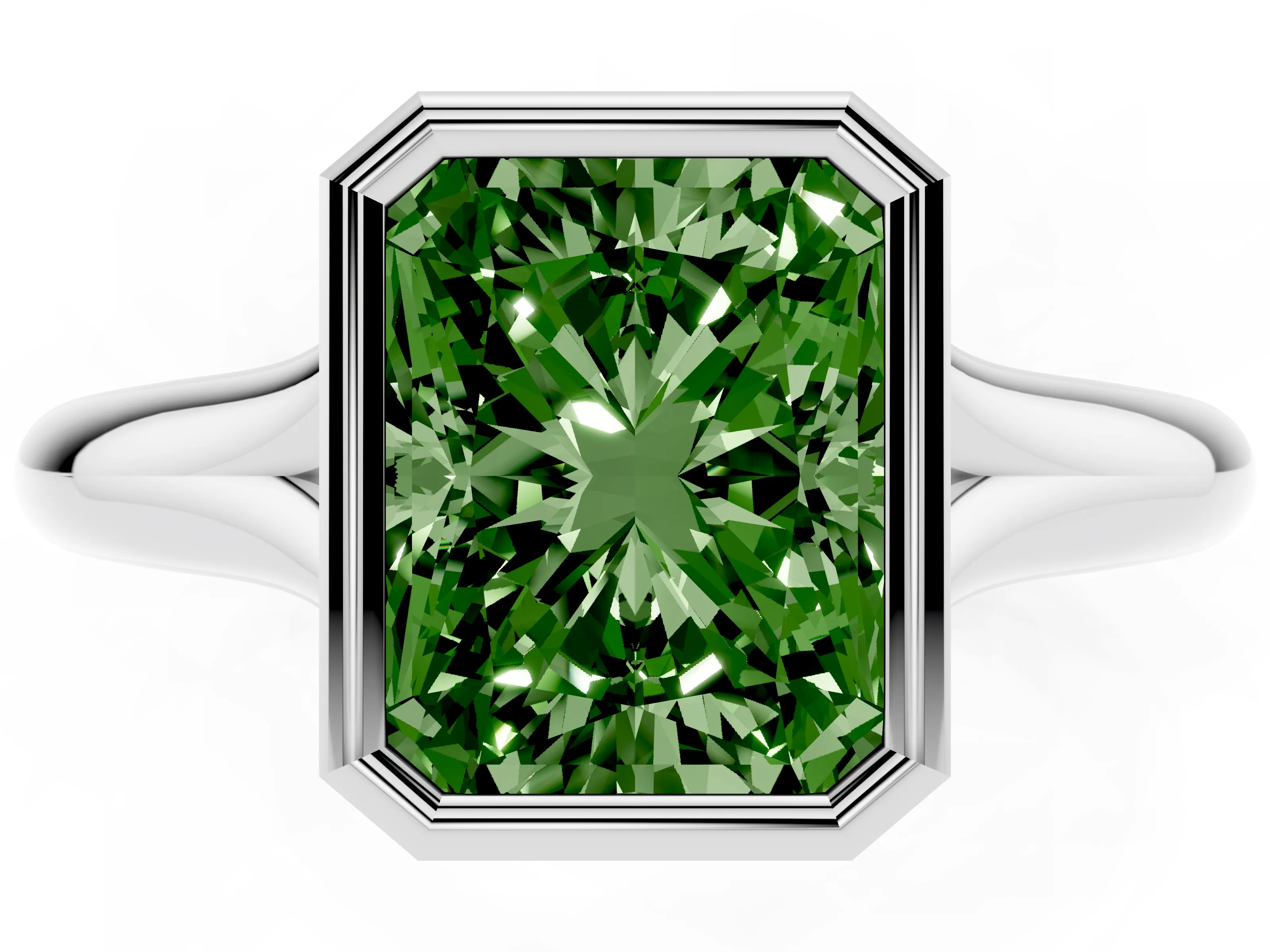 Fancy Green Bezel Set Radiant Cut Diamond Solitaire Ring Set in Silver with Smooth Band