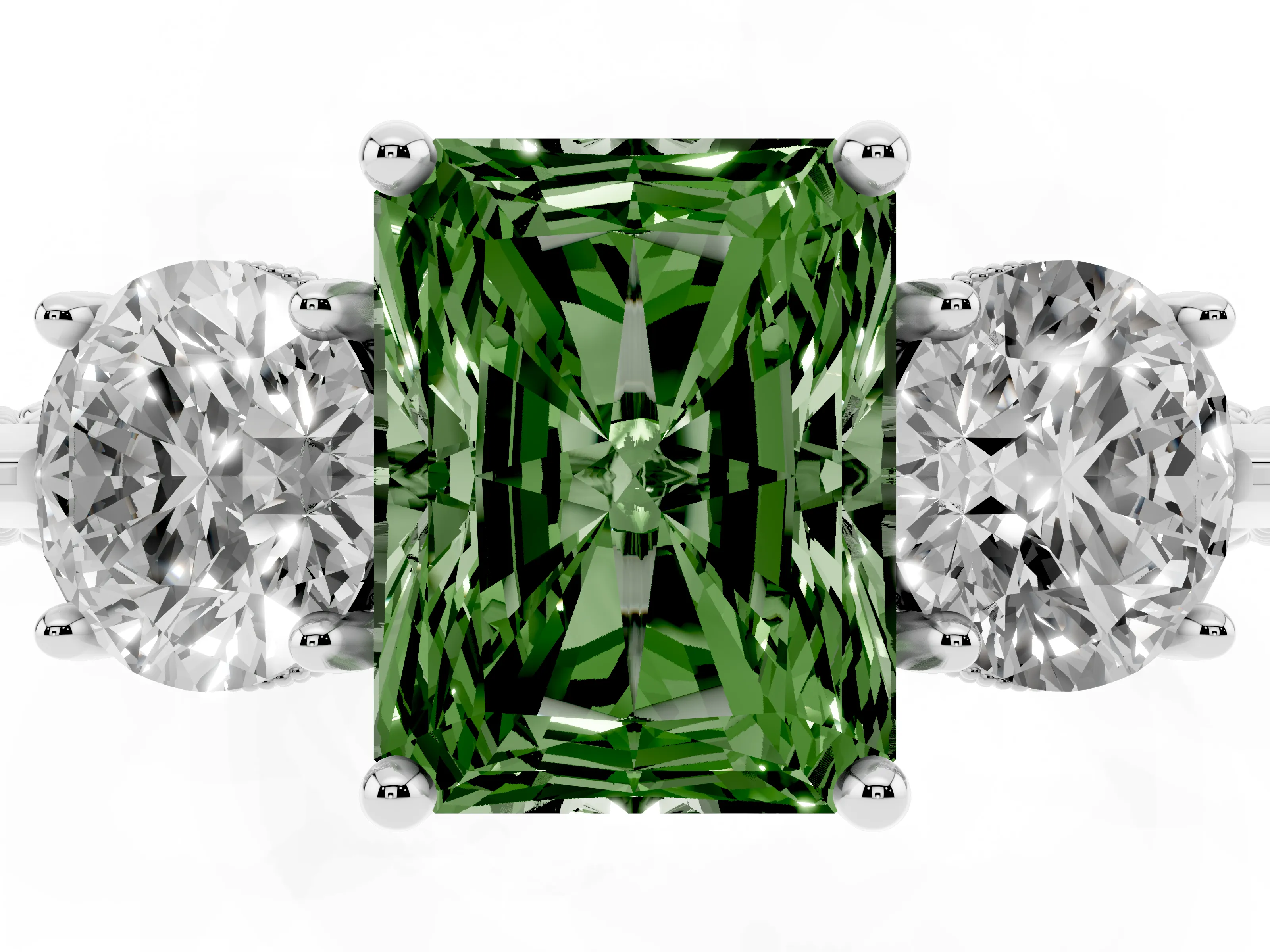 Fancy Green Radiant Cut Diamond Three-Stone Ring Set in Silver with Milgrain Band