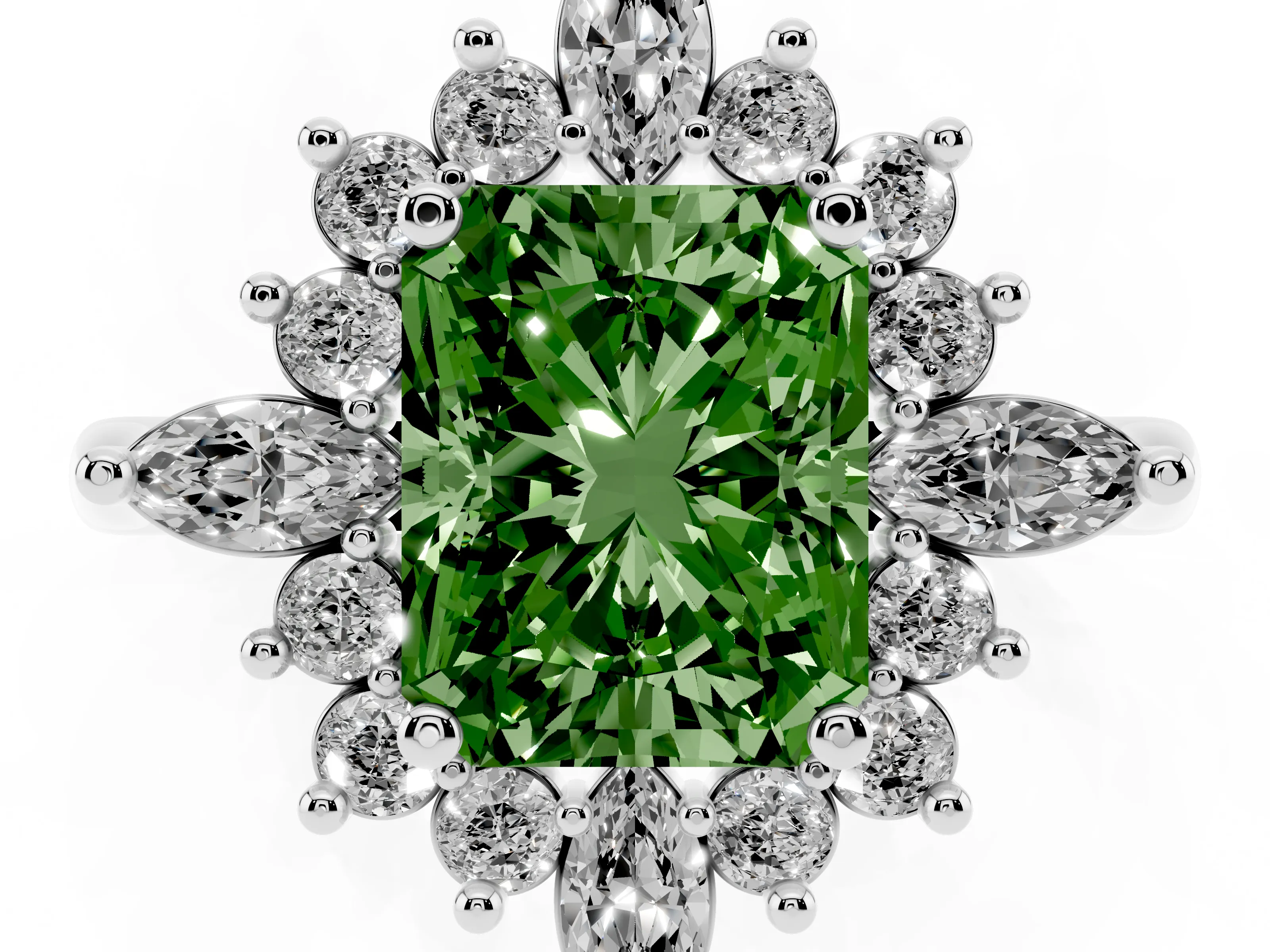 Fancy Green Radiant Cut Diamond Cluster Halo Ring Set in Platinum with Marquise and Round Accents