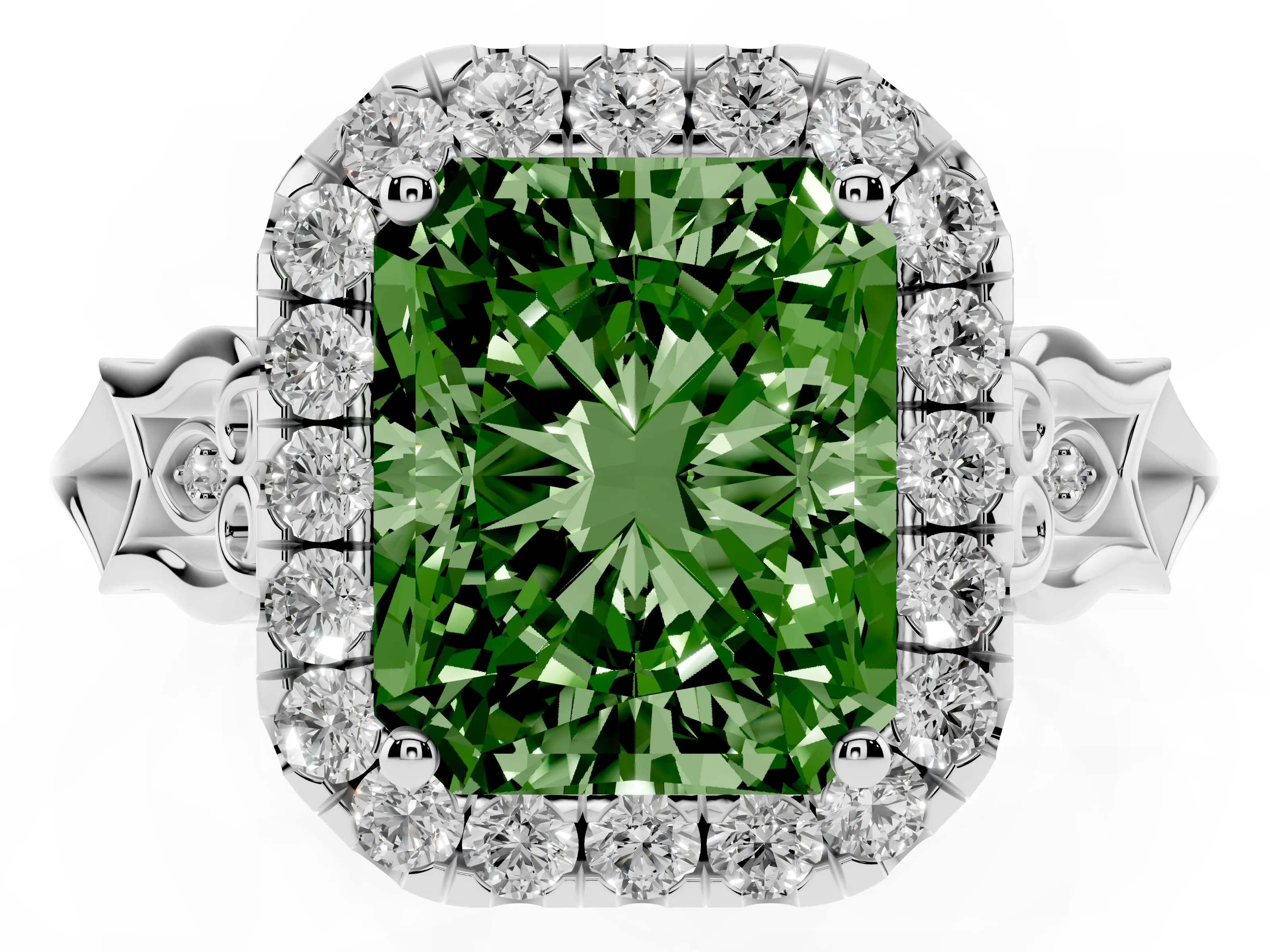 Fancy Green Radiant Cut Diamond Halo Engagement Ring Set in White gold with Filigree Band and Prong-Set Center