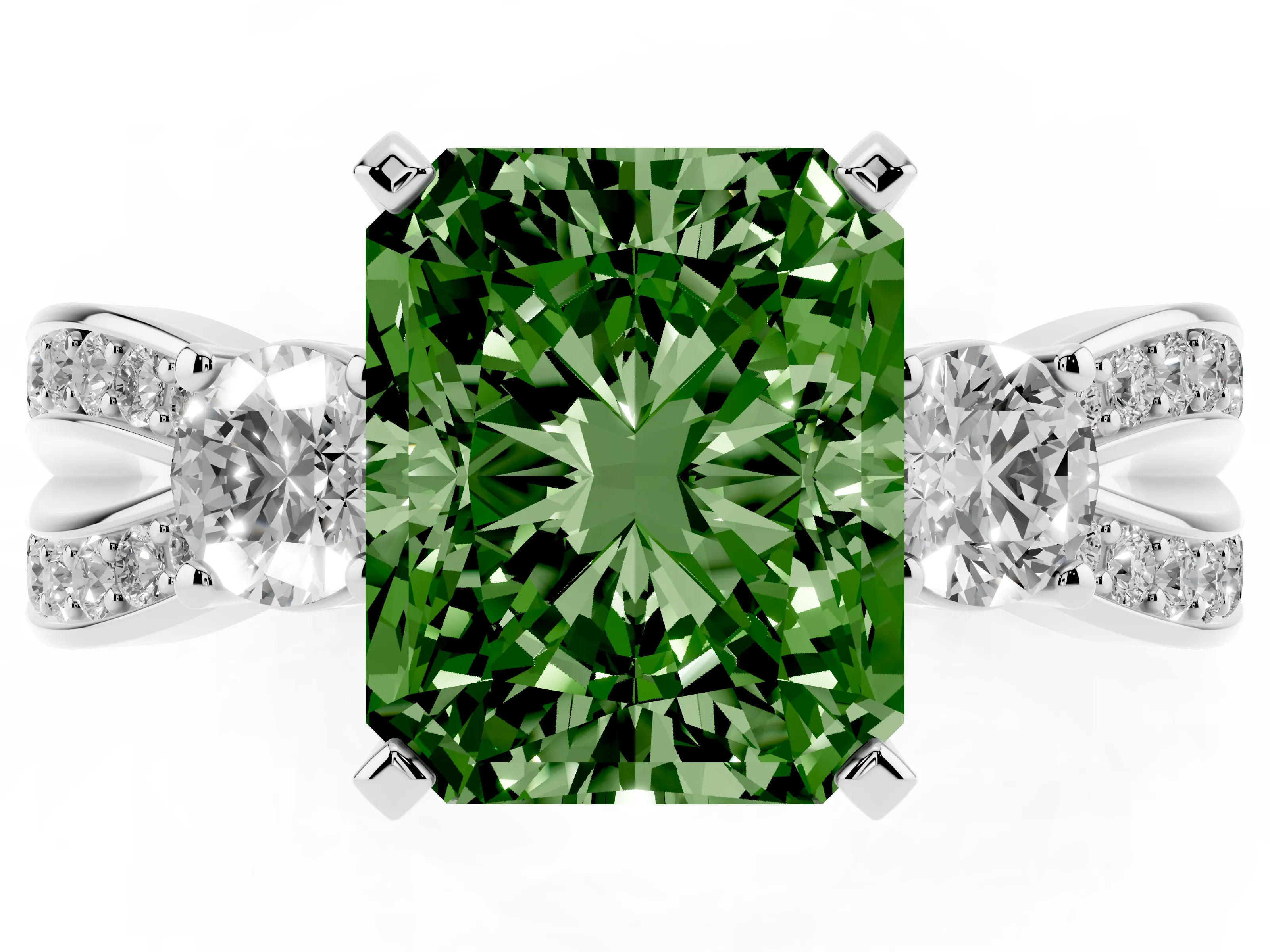 Fancy Green Three-Stone Radiant Cut Diamond Twist Band Ring Set in Platinum with Pavé Accents and Prong Setting