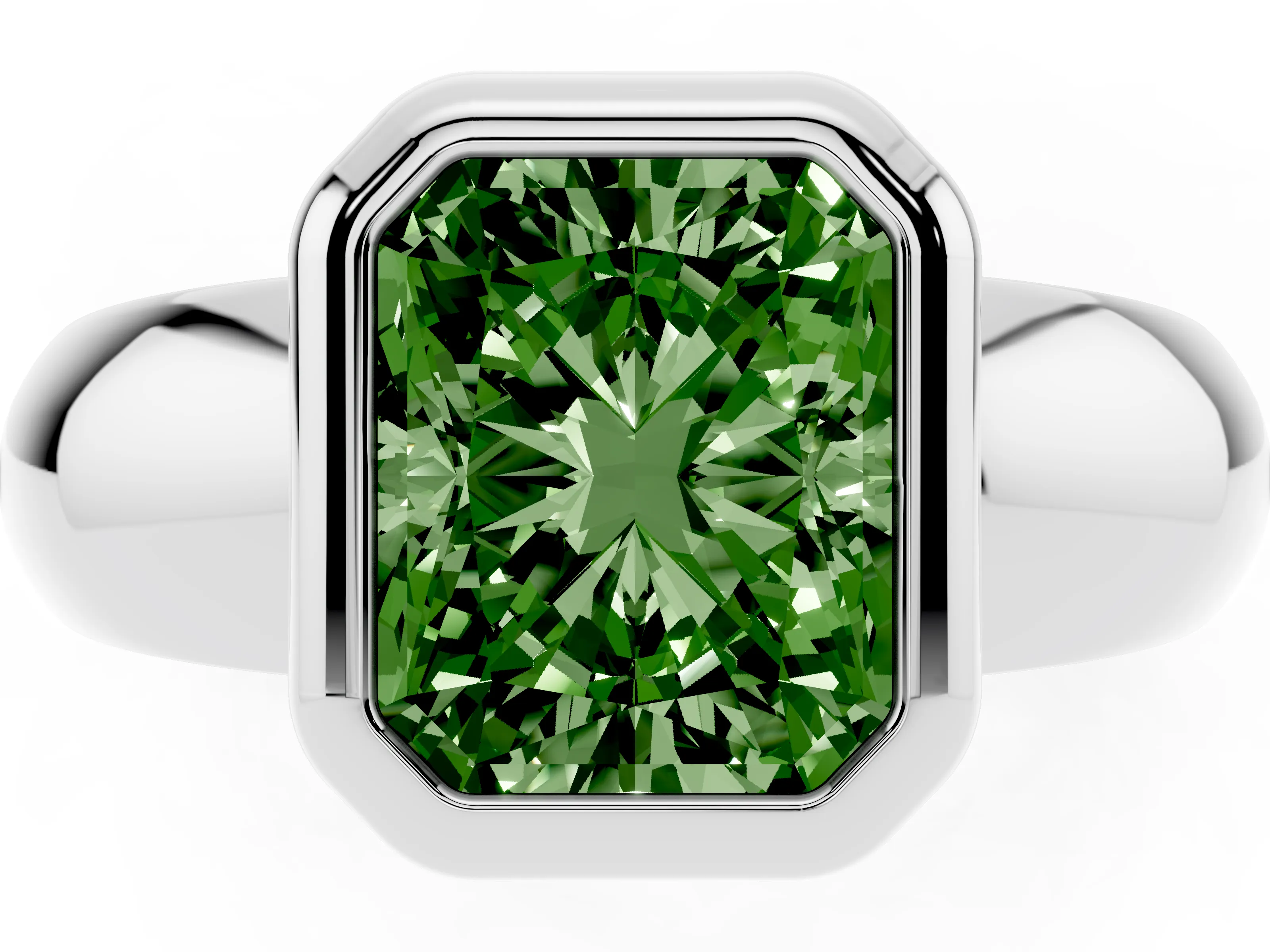 Fancy Green Bezel Set Radiant Cut Diamond Solitaire Ring Set in Silver with Wide Band