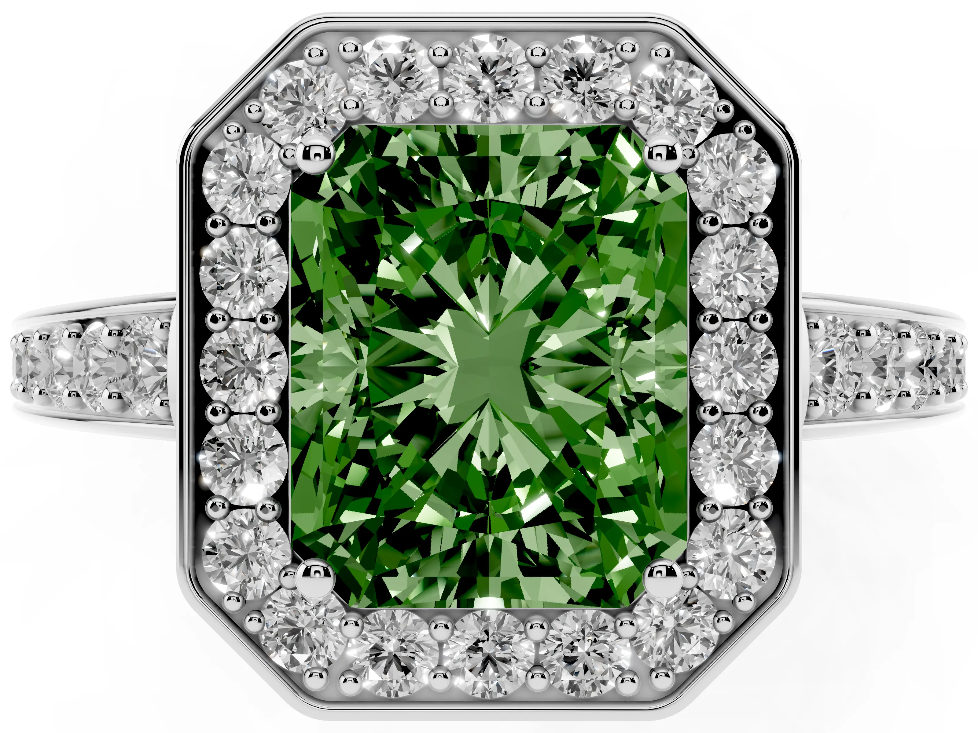 Fancy Green Radiant Cut Diamond Halo Pavé Engagement Ring Set in Platinum with Bezel Setting