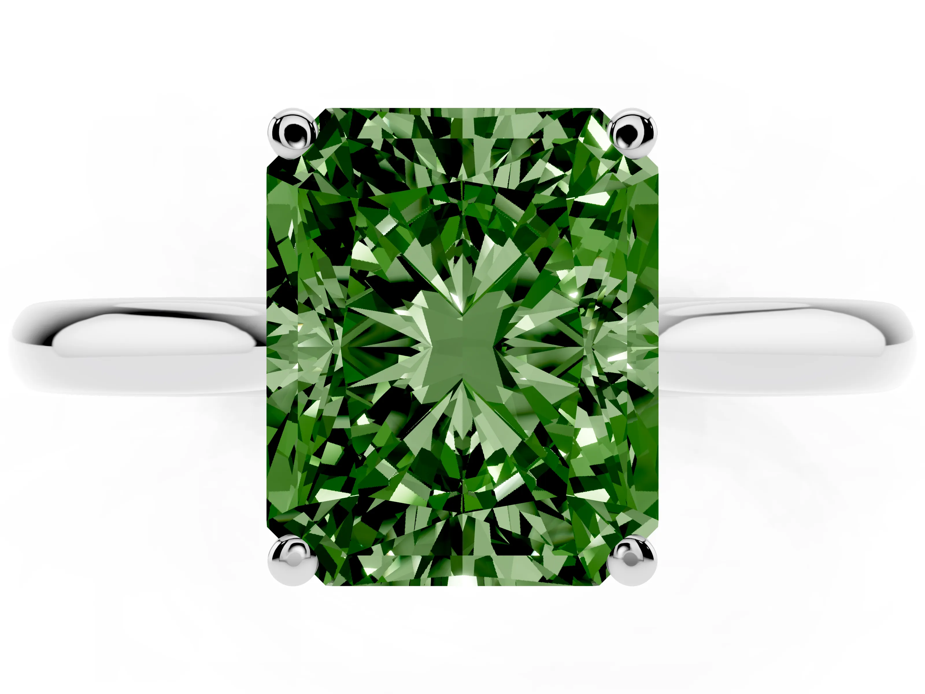 Fancy Green Radiant Cut Diamond Solitaire Ring Set in Silver with Cathedral Band and Prong Setting