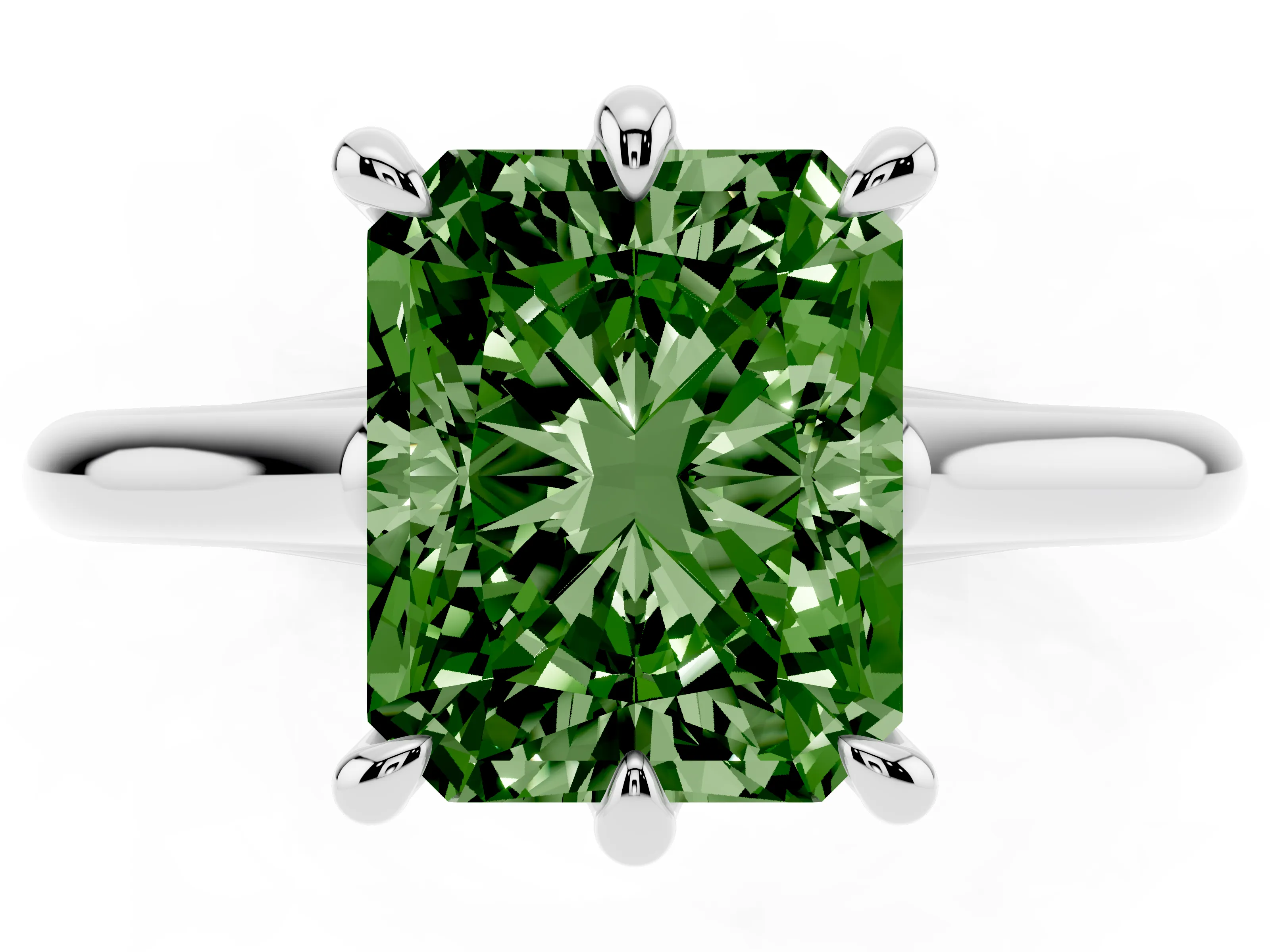 Fancy Green Radiant Cut Diamond Solitaire Engagement Ring Set in Silver with Prong Setting and Plain Classic Band