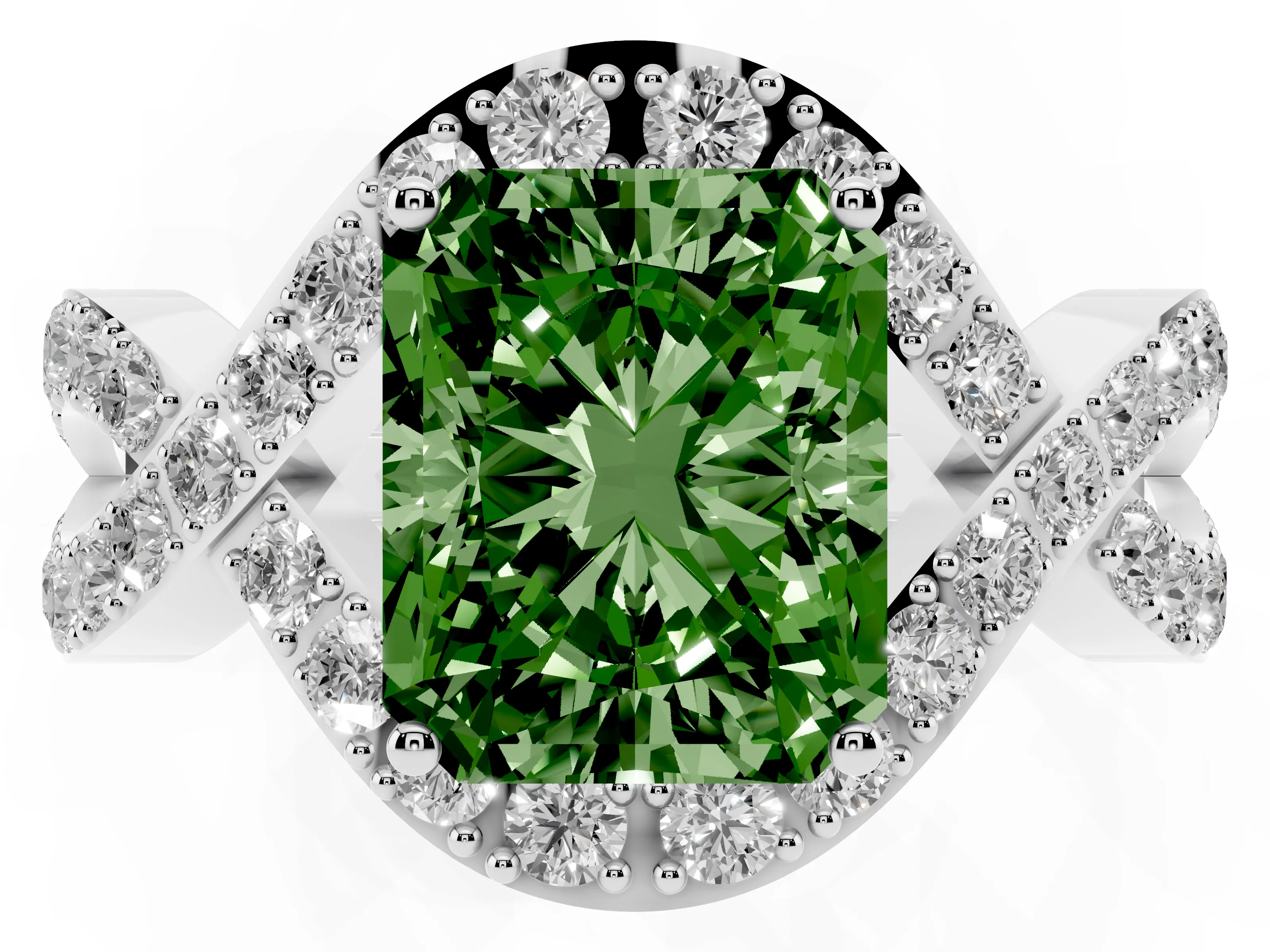 Fancy Green Radiant Cut Diamond Solitaire Twist Band Pavé Engagement Ring Set in White gold