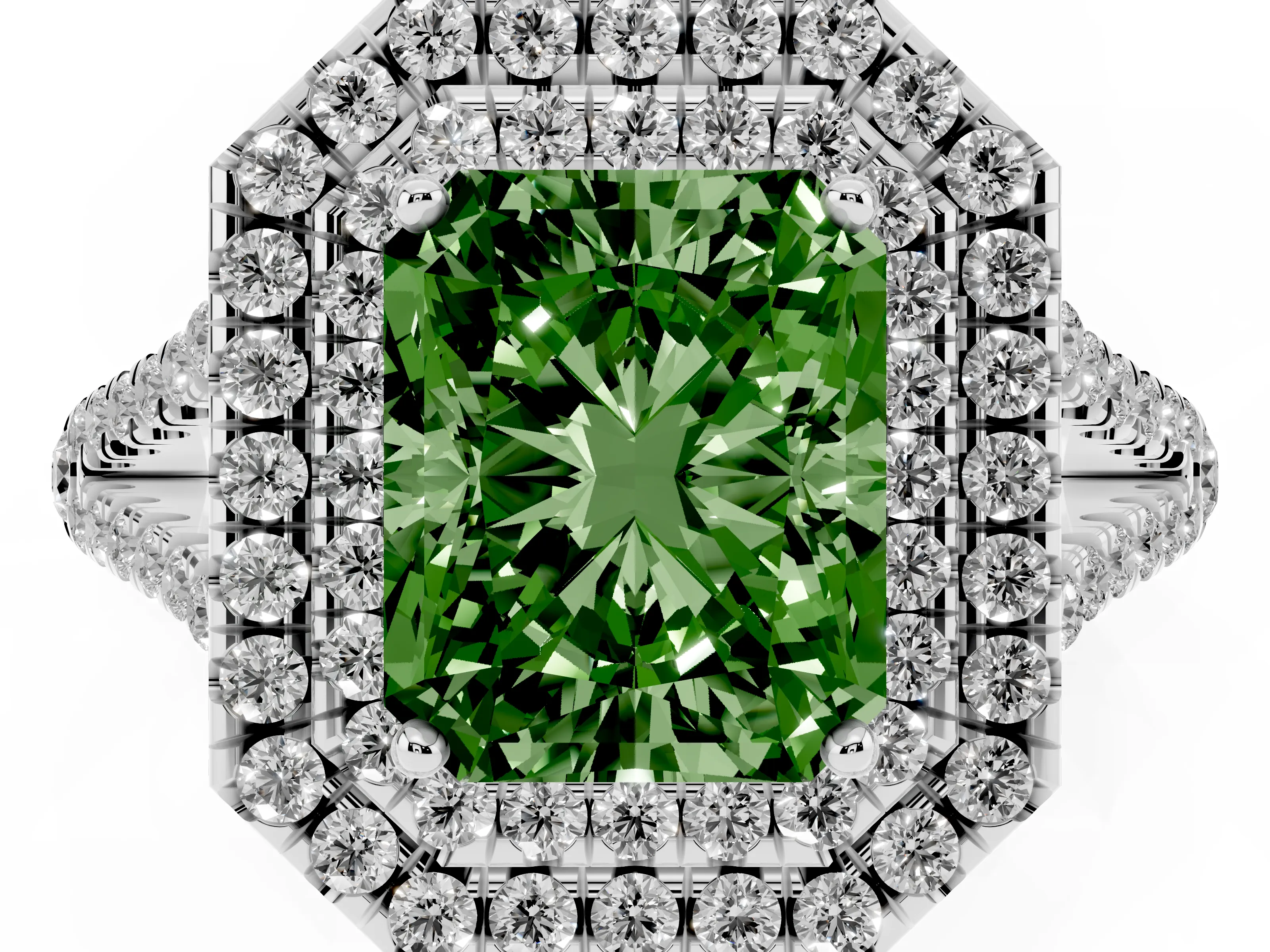 Fancy Green Radiant Cut Diamond Double Halo Ring Set in White gold with Pavé Band