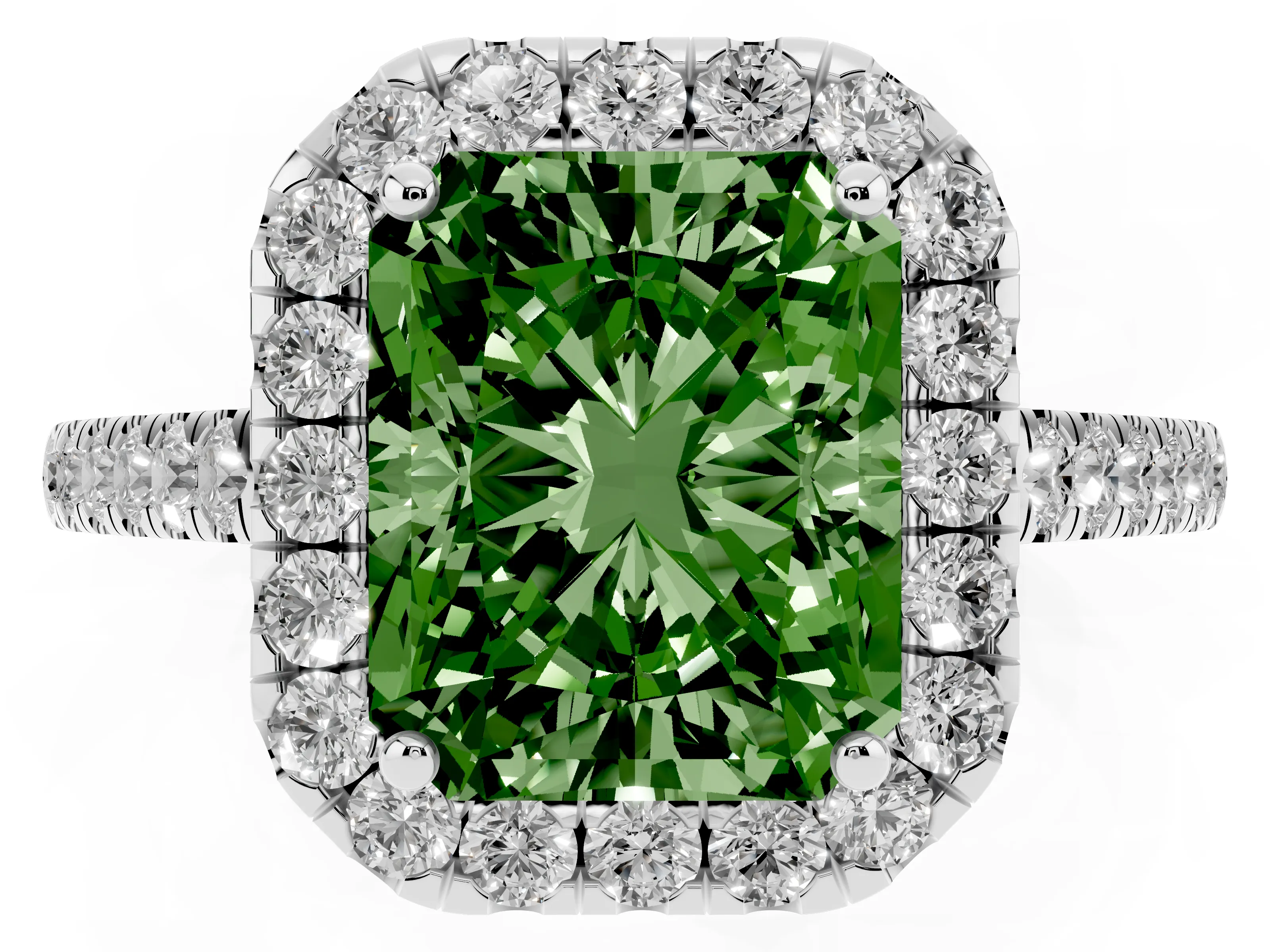 Fancy Green Radiant Cut Diamond Halo Pavé Engagement Ring Set in Platinum with Prong Setting