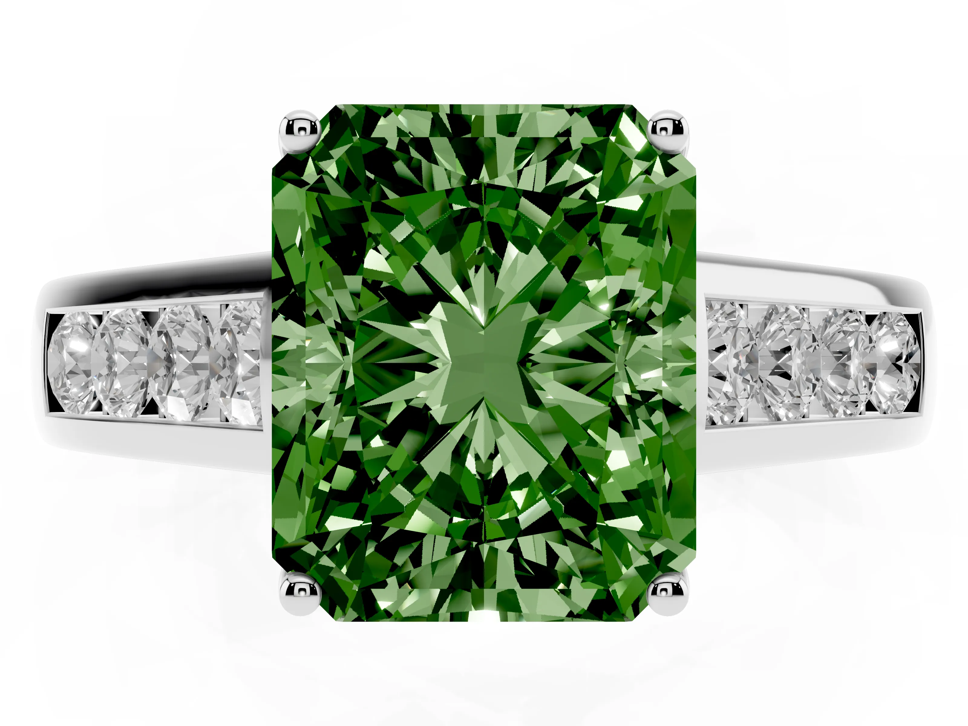 Fancy Green Radiant Cut Diamond Brilliant Channel-Set Solitaire Ring Set in White gold with Prong Setting
