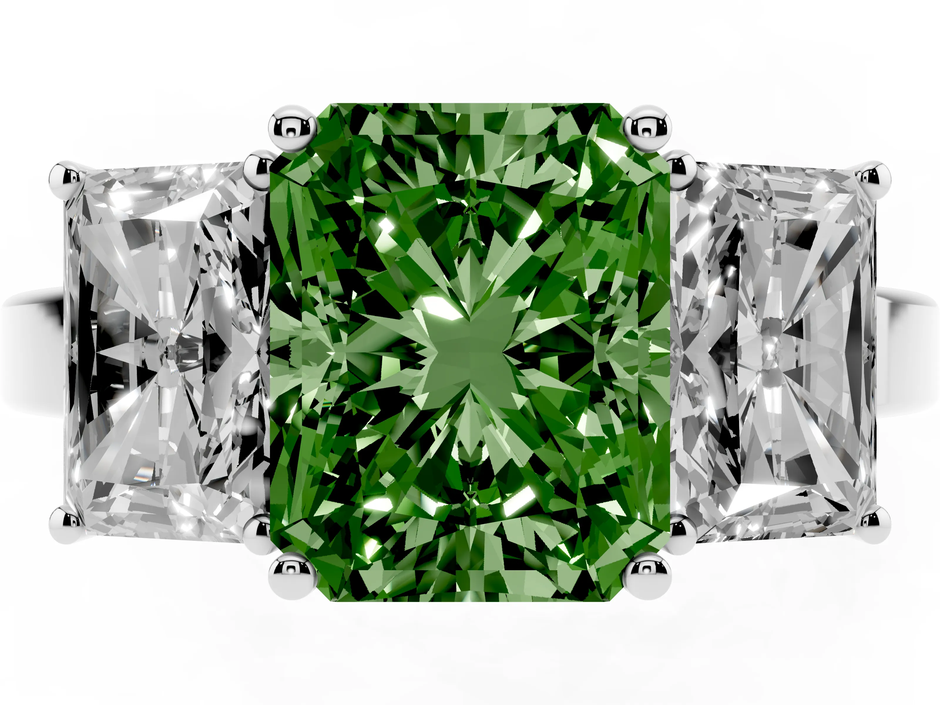 Fancy Green Radiant Cut Diamond Three-Stone Engagement Ring Set in White gold with Flat Band