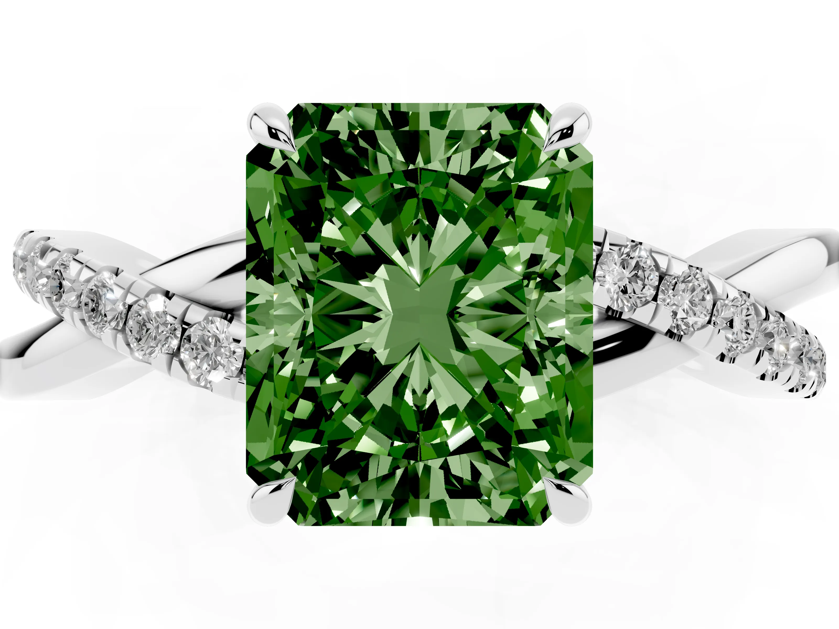 Fancy Green Radiant Cut Diamond Twisted Pavé Band Ring Set in Silver with Prong Setting