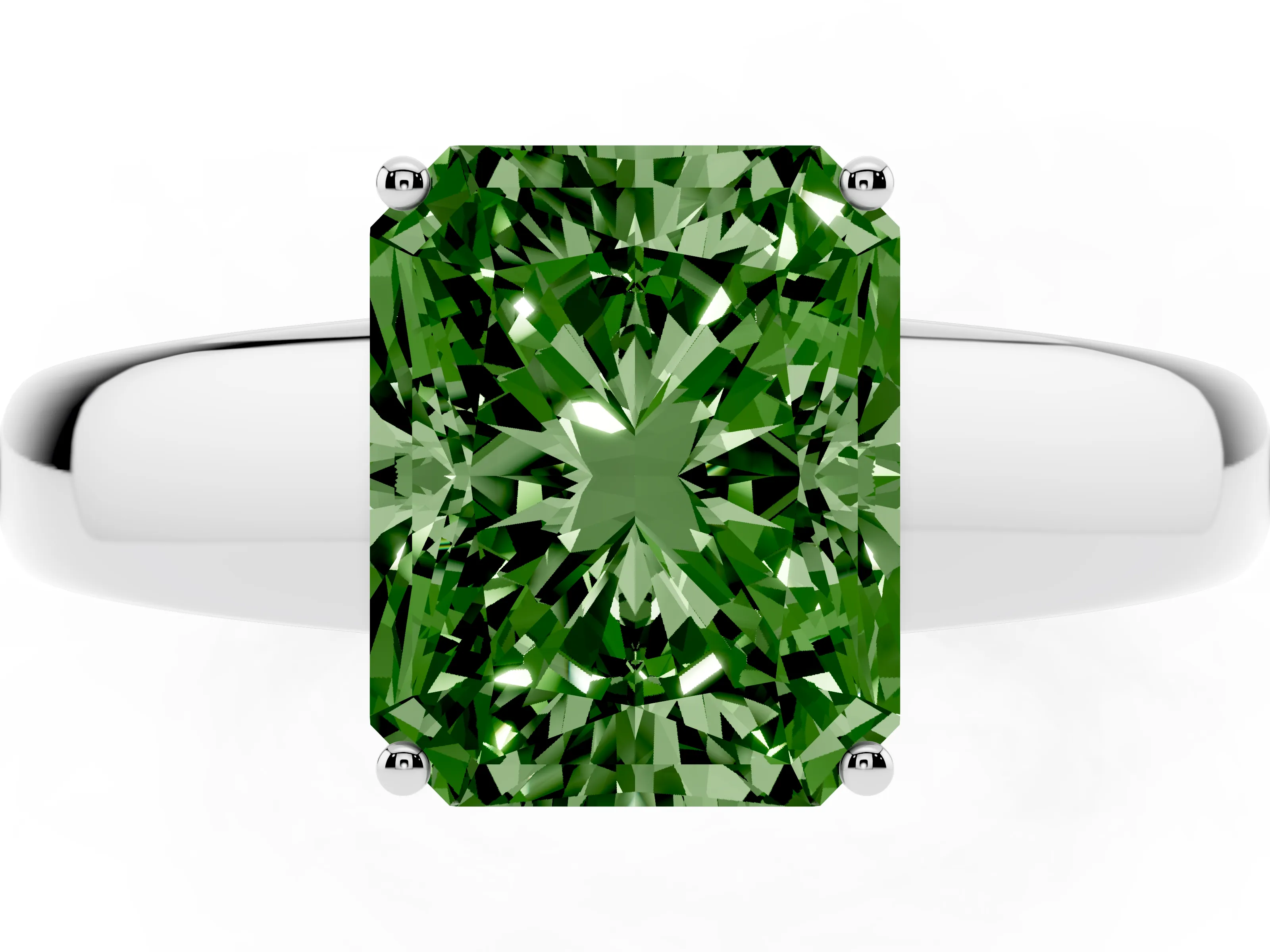 Fancy Green Radiant Cut Diamond Solitaire Ring Set in White gold with Tapered Band and Prong Setting