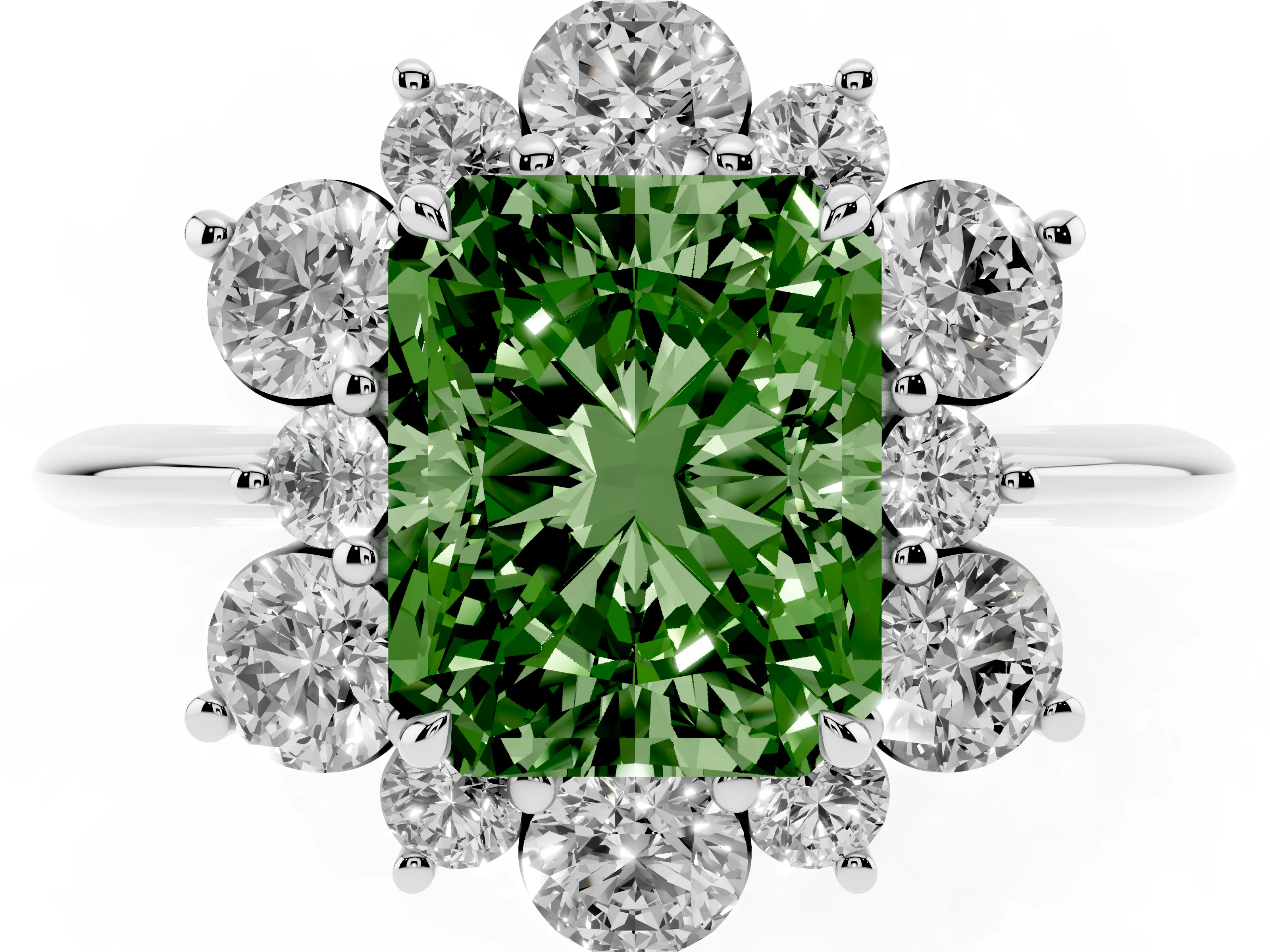 Fancy Green Radiant Cut Diamond Cluster Halo Ring Set in Silver with Solitaire Band and Prong Setting
