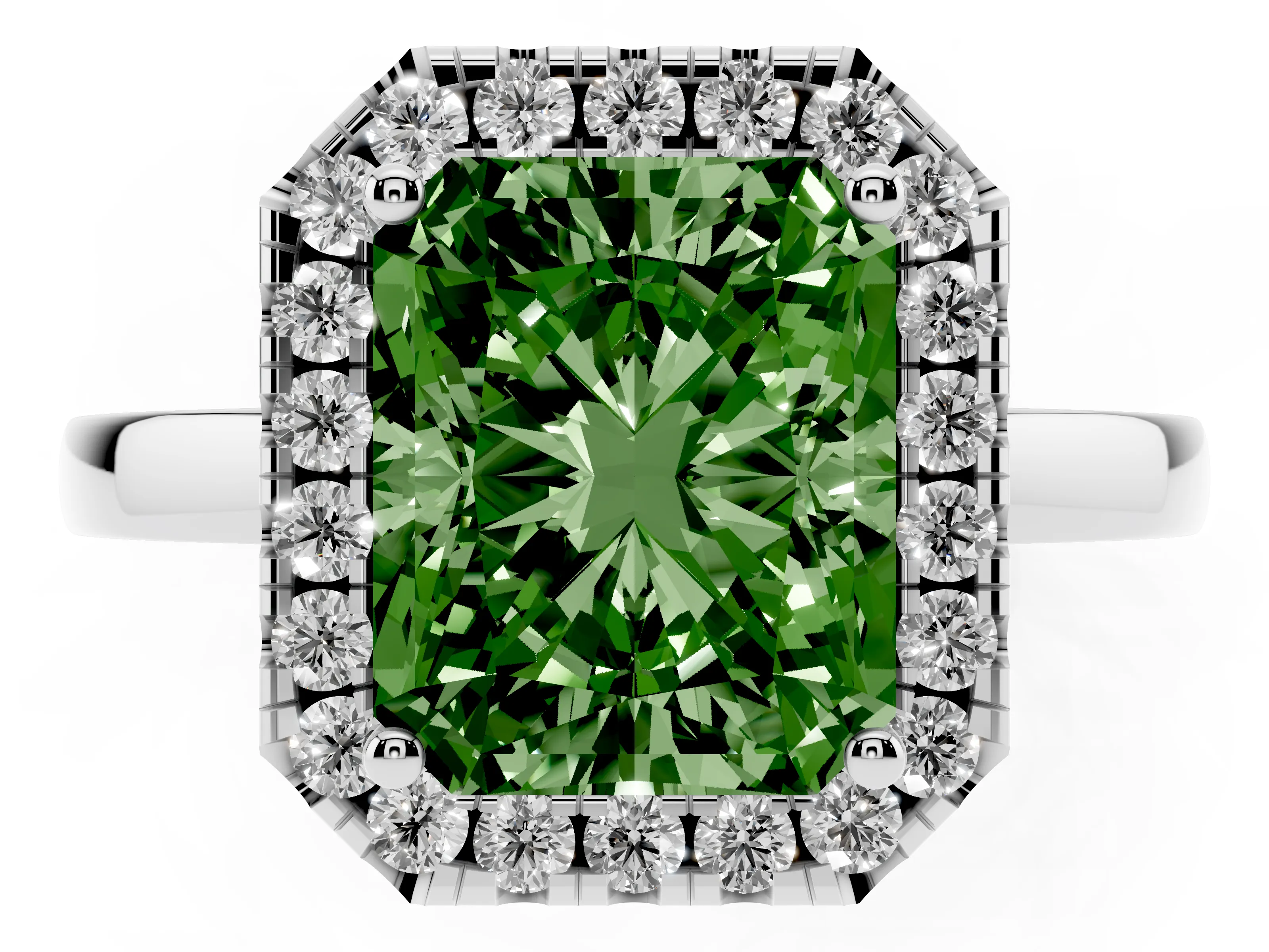 Fancy Green Radiant Cut Diamond Halo Solitaire Ring Set in Platinum with Pavé Band and Prong Setting