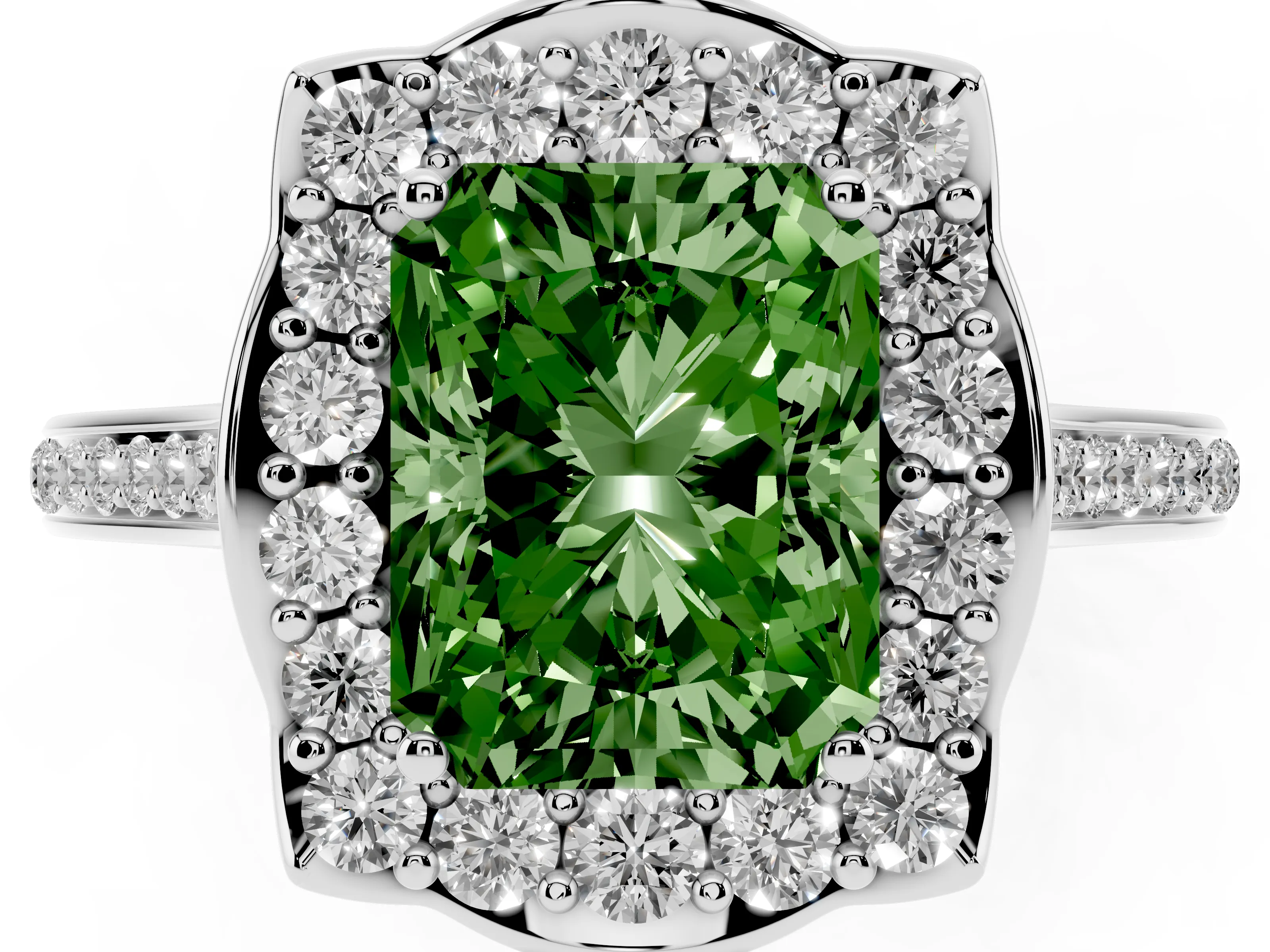 Fancy Green Radiant Cut Diamond Halo Ring Set in White gold with Pavé-Lined Shoulders and Prong Setting