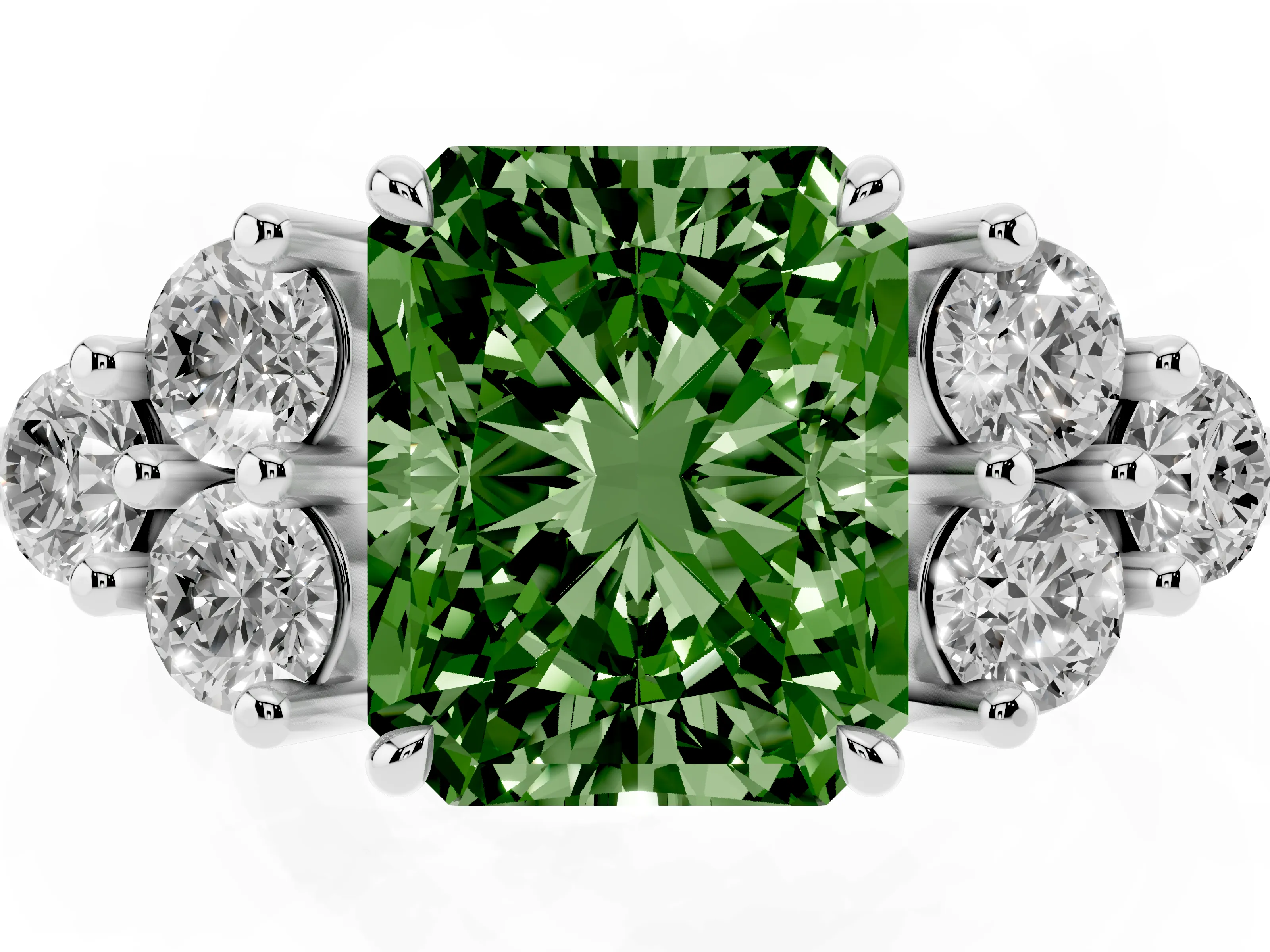 Fancy Green Radiant Cut Diamond Solitaire Ring Set in White gold with Cluster Accents on Each Side