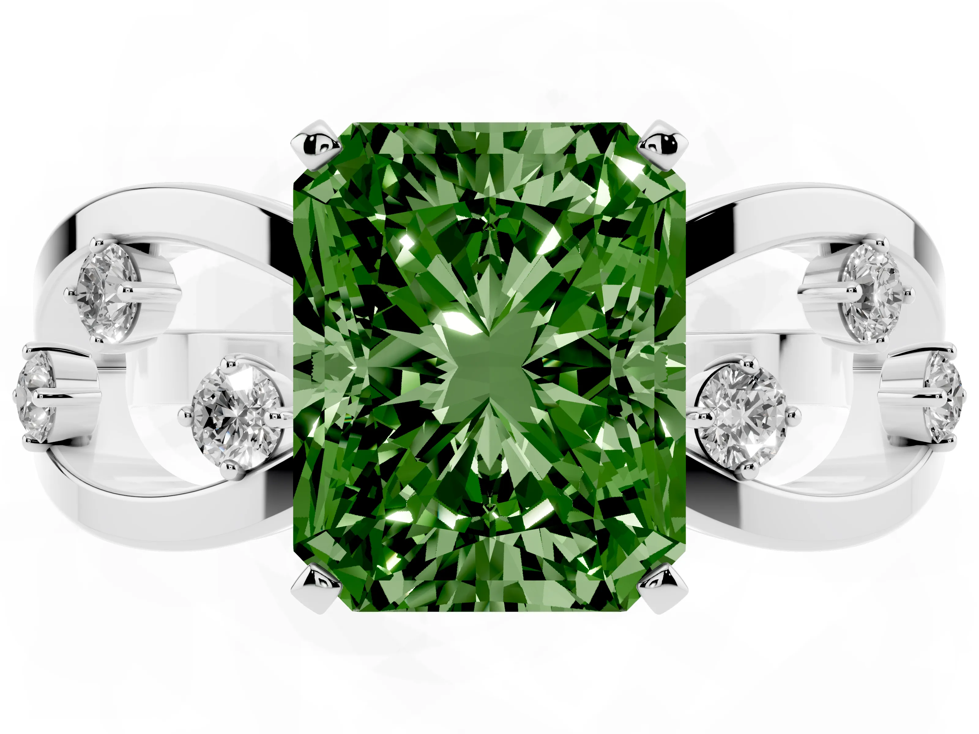 Fancy Green Radiant Cut Diamond Solitaire Ring Set in Platinum with Side Stones on Criss-Cross Band and Prong Setting